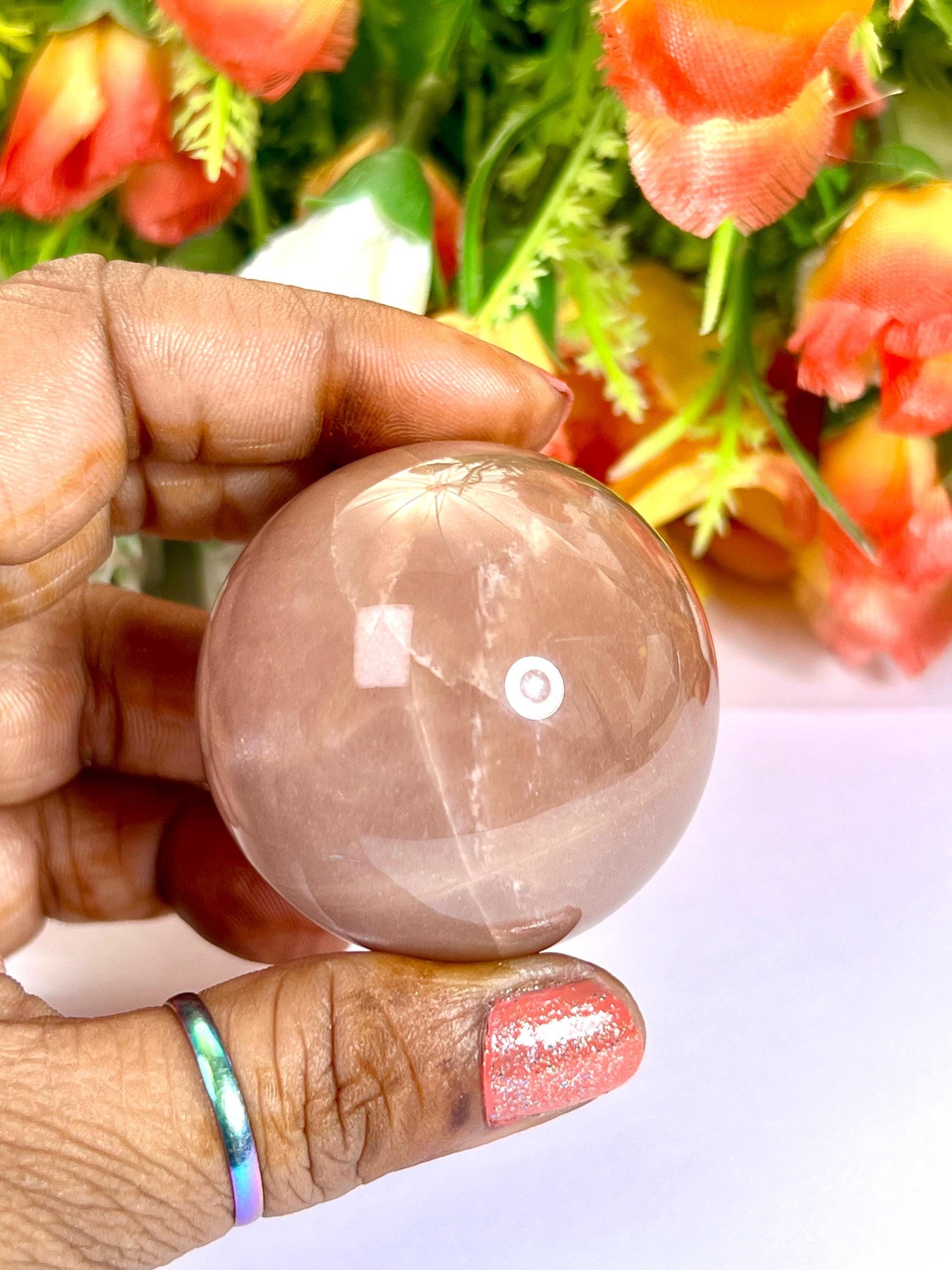 Silver Flash Peach Moonstone Sphere 40 MM Crystal Ball Orb Pocket Stone Meditation Space Crystal Grid With wooden Stand