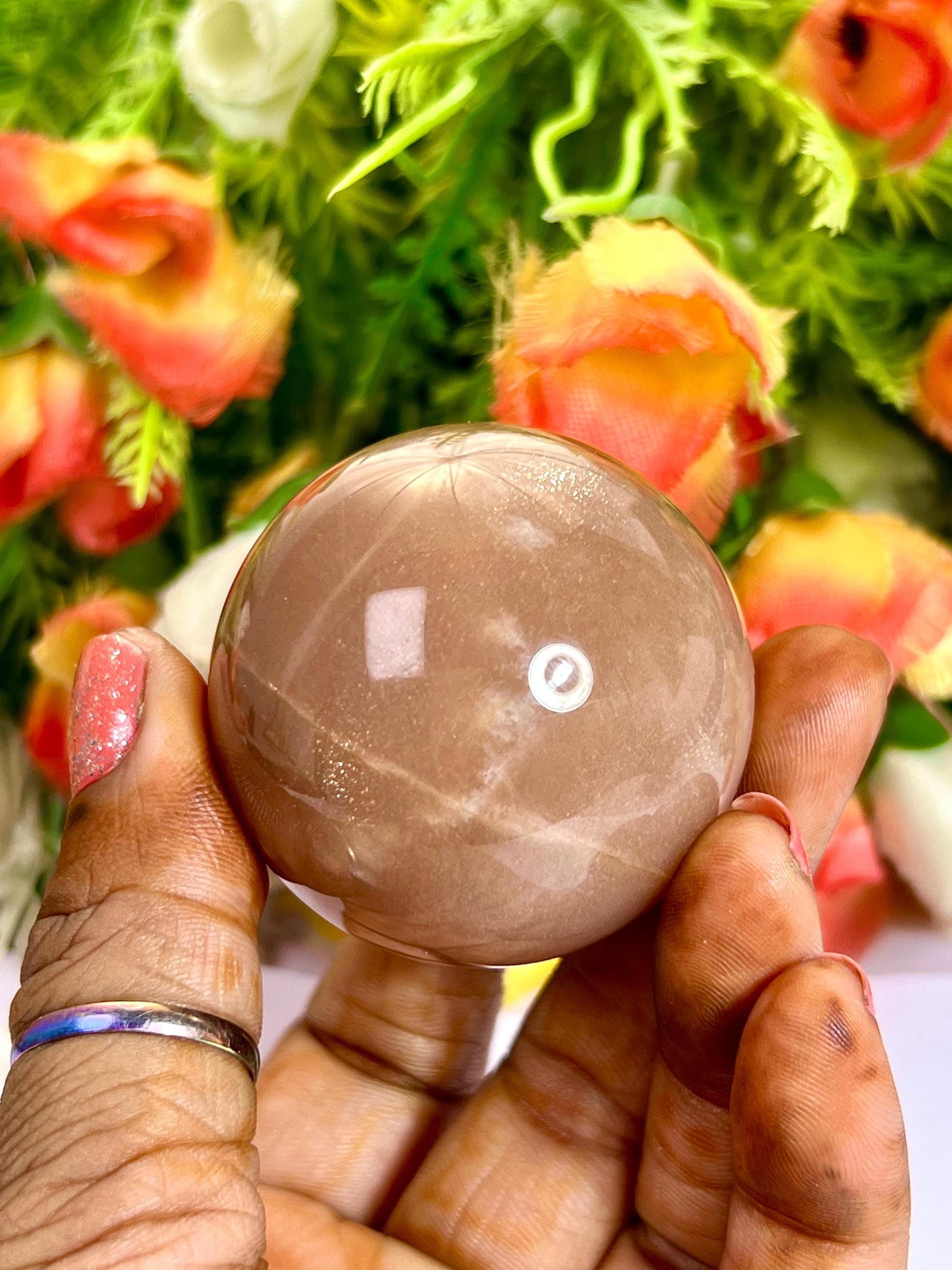 Silver Flash Peach Moonstone Sphere 40 MM Crystal Ball Orb Pocket Stone Meditation Space Crystal Grid With wooden Stand