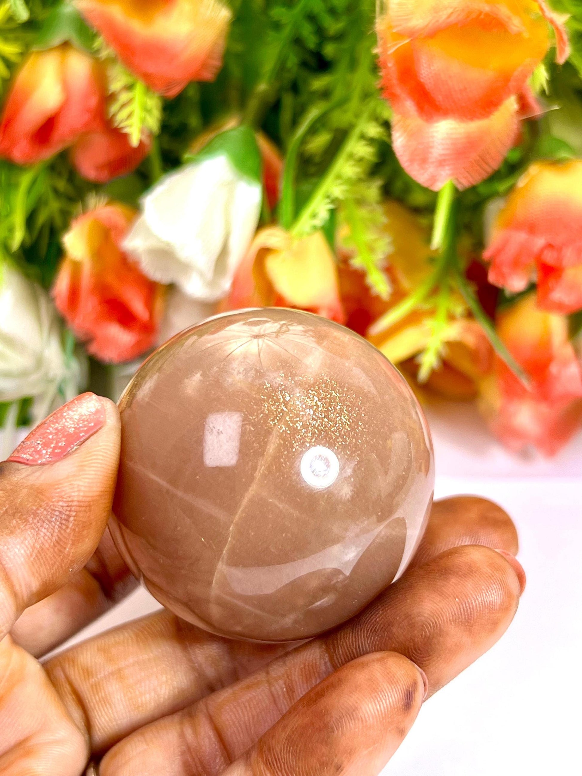 Silver Flash Peach Moonstone Sphere 40 MM Crystal Ball Orb Pocket Stone Meditation Space Crystal Grid With wooden Stand