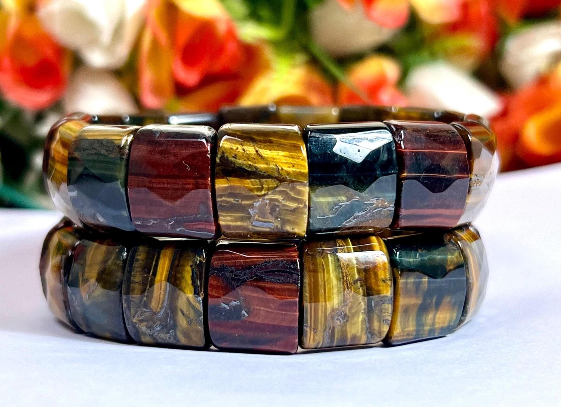15 MM 3 Color Tiger Eye Stone Bracelet l Blue Tiger Eye ,Red Tiger Eye and Yellow Tiger Eye l Stretchable Bracelet High Grade