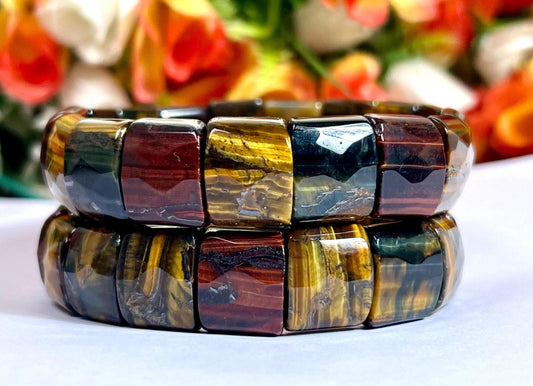 15 MM 3 Color Tiger Eye Stone Bracelet l Blue Tiger Eye ,Red Tiger Eye and Yellow Tiger Eye l Stretchable Bracelet High Grade