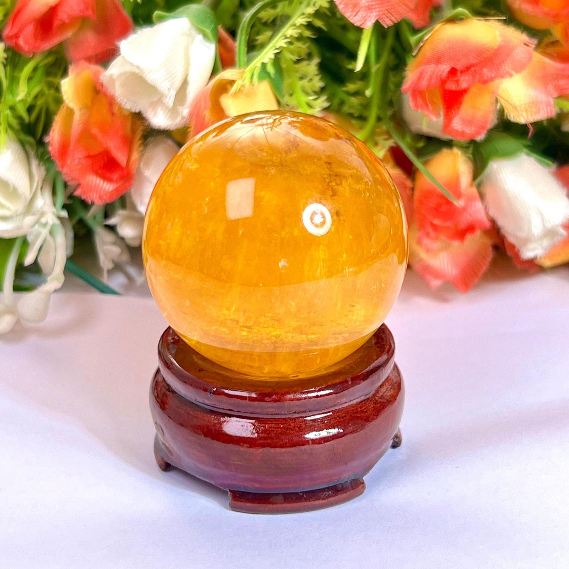 Yellow Fluorite Stone Sphere 40 MM Crystal Ball Orb Pocket Stone Meditation Space Crystal Grid With wooden Stand