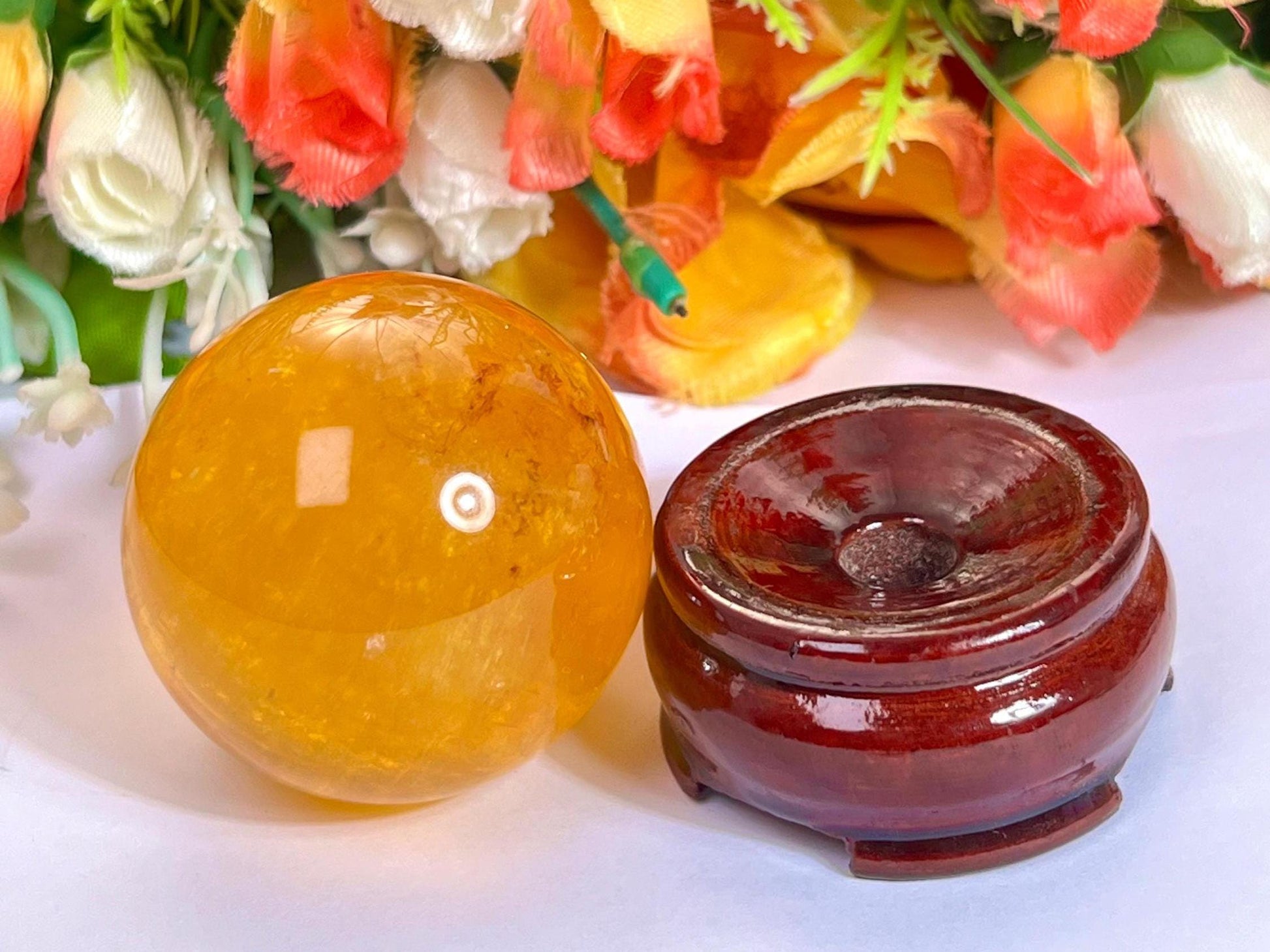 Yellow Fluorite Stone Sphere 40 MM Crystal Ball Orb Pocket Stone Meditation Space Crystal Grid With wooden Stand