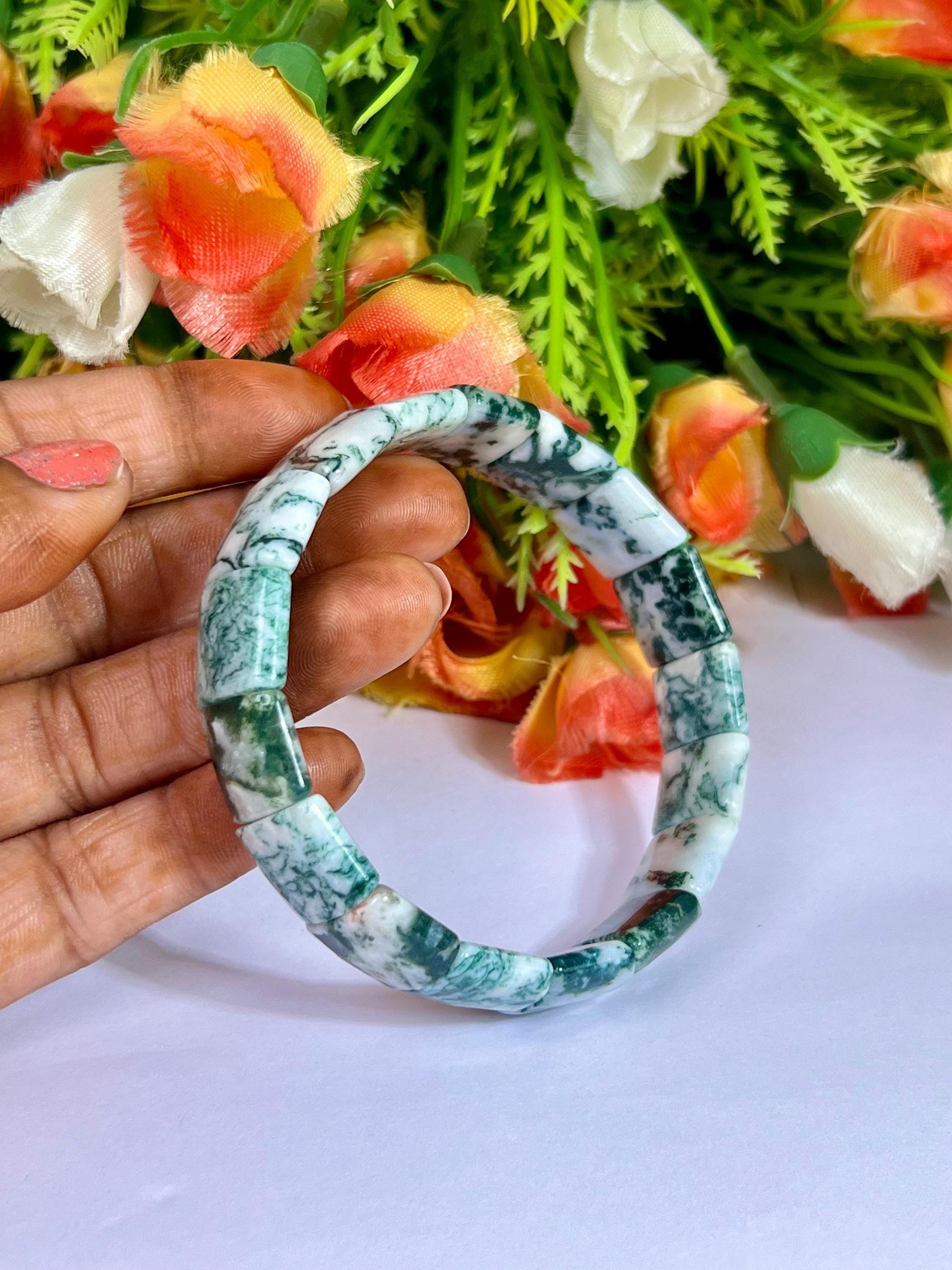 15 MM Tree Agate Stone Bracelet l Stretchable Bracelet