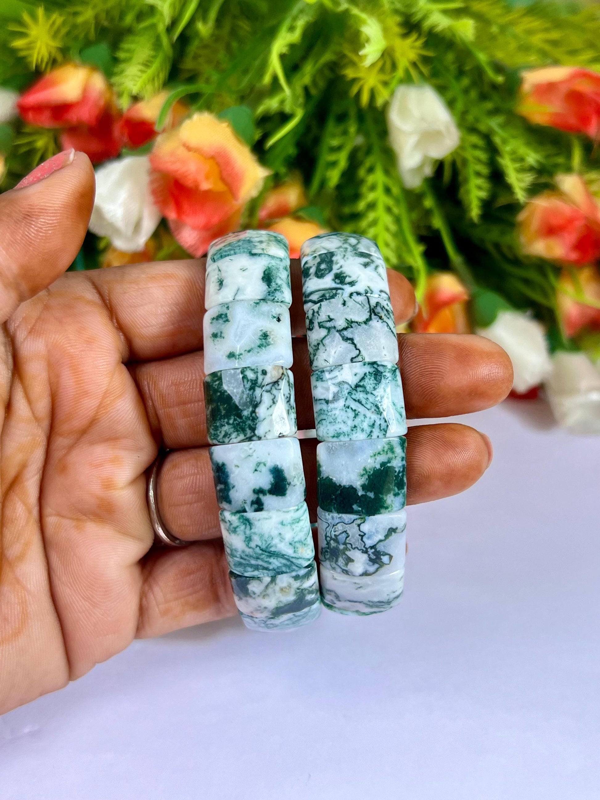 15 MM Tree Agate Stone Bracelet l Stretchable Bracelet