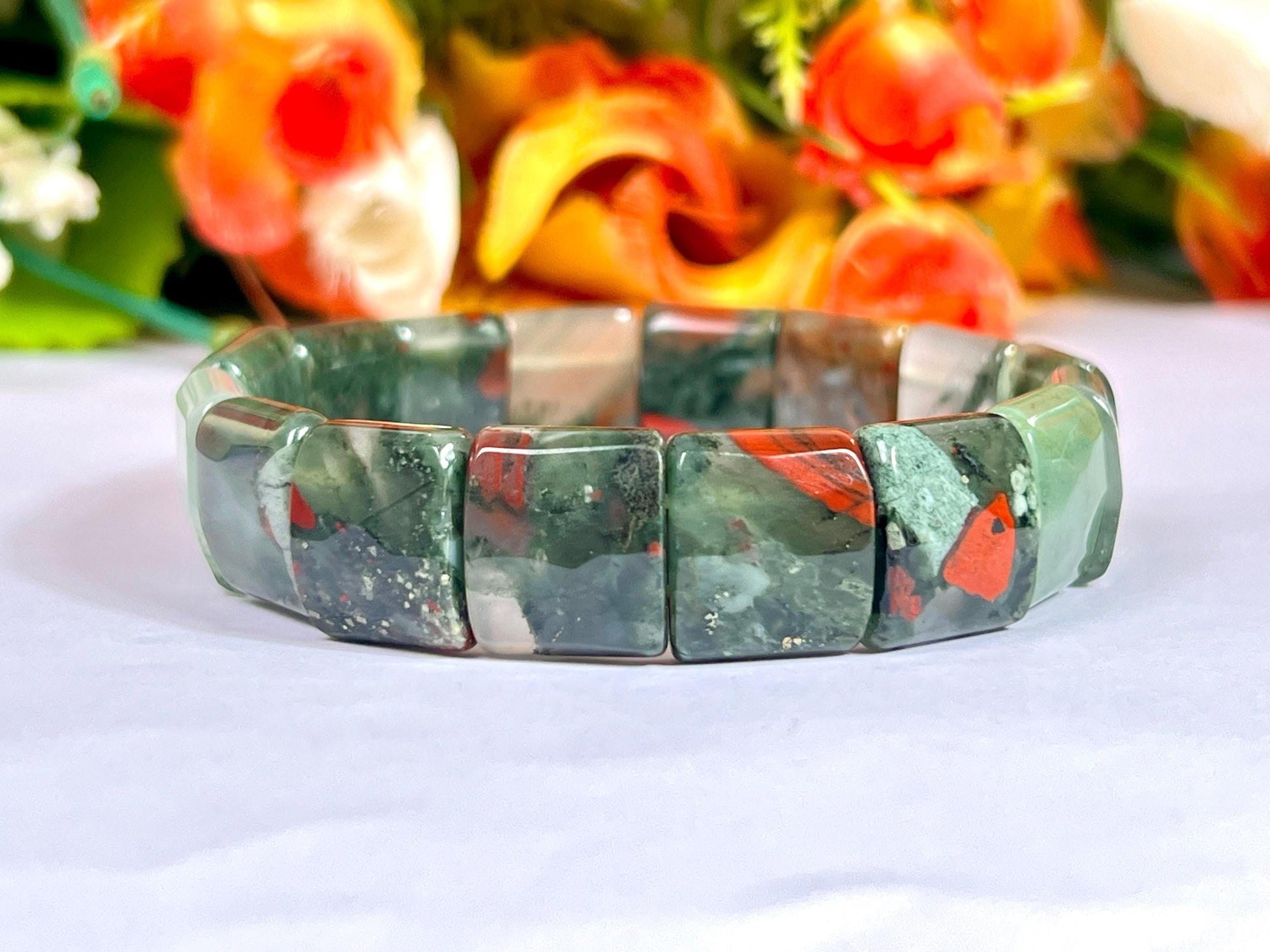 15 MM African Blood Stone Bracelet l Stretchable Bracelet