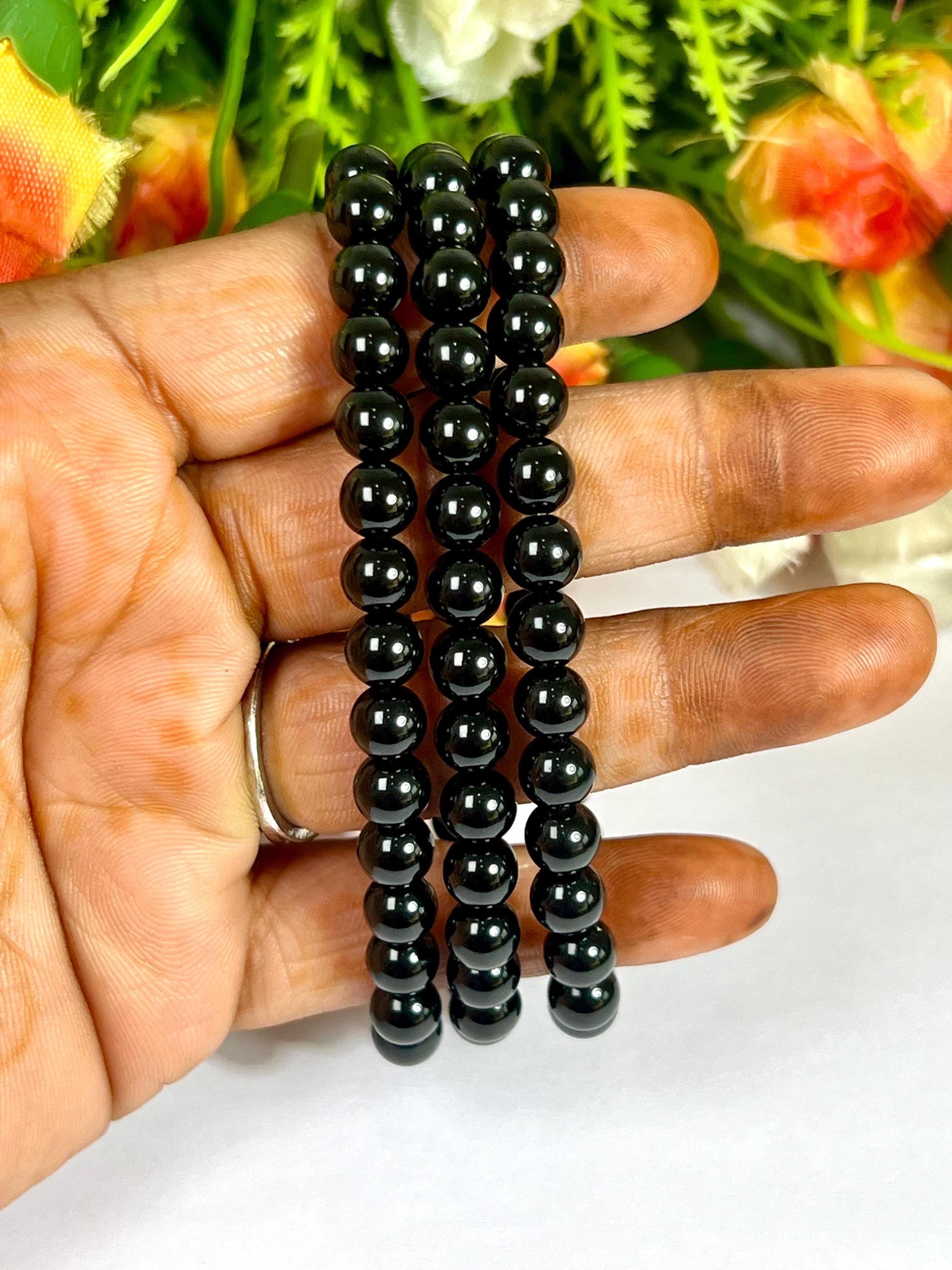 6.8 MM TIBETAN Black Tektite Glass Stone Bracelet l Stretchable Bracelet l Unisex Bracelet