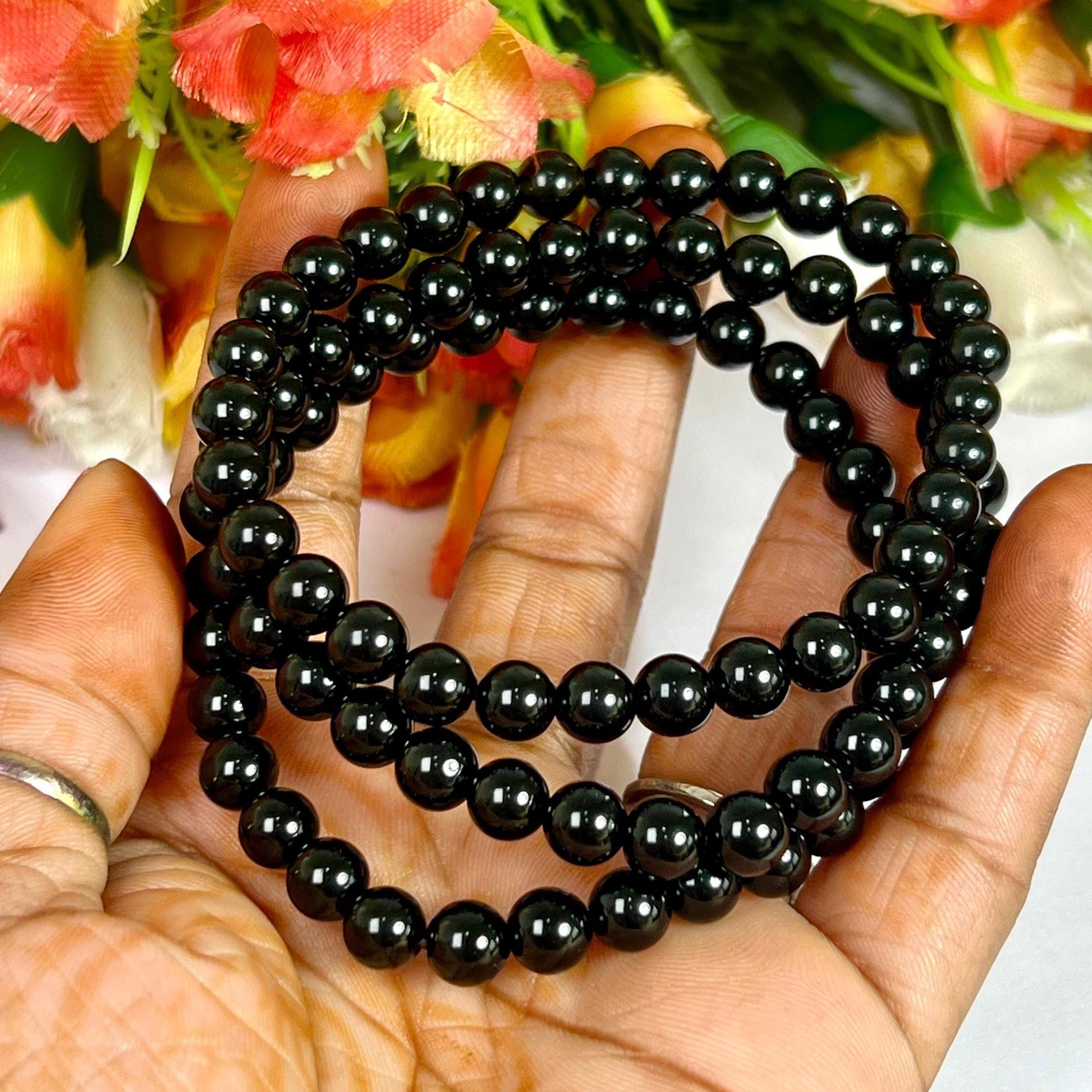 6.8 MM TIBETAN Black Tektite Glass Stone Bracelet l Stretchable Bracelet l Unisex Bracelet
