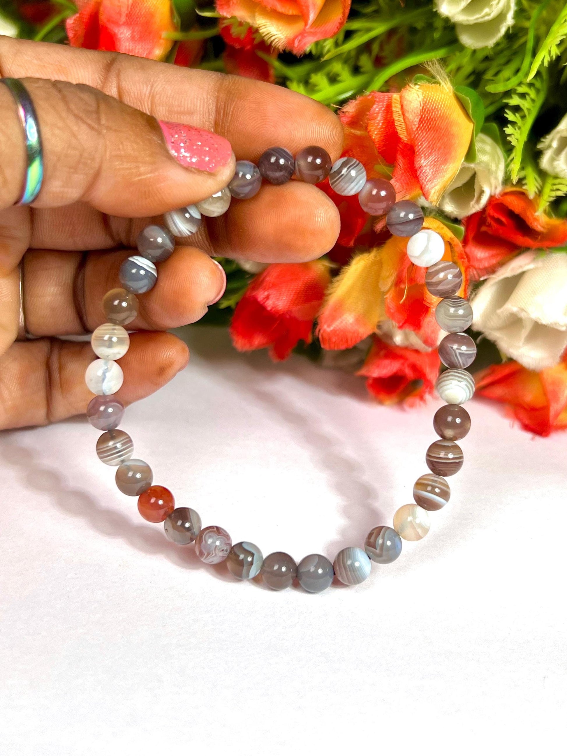 Botswana Agate Stone Round Beaded Bracelet 6 MM 8 MM 10 MM Stretch Bracelet