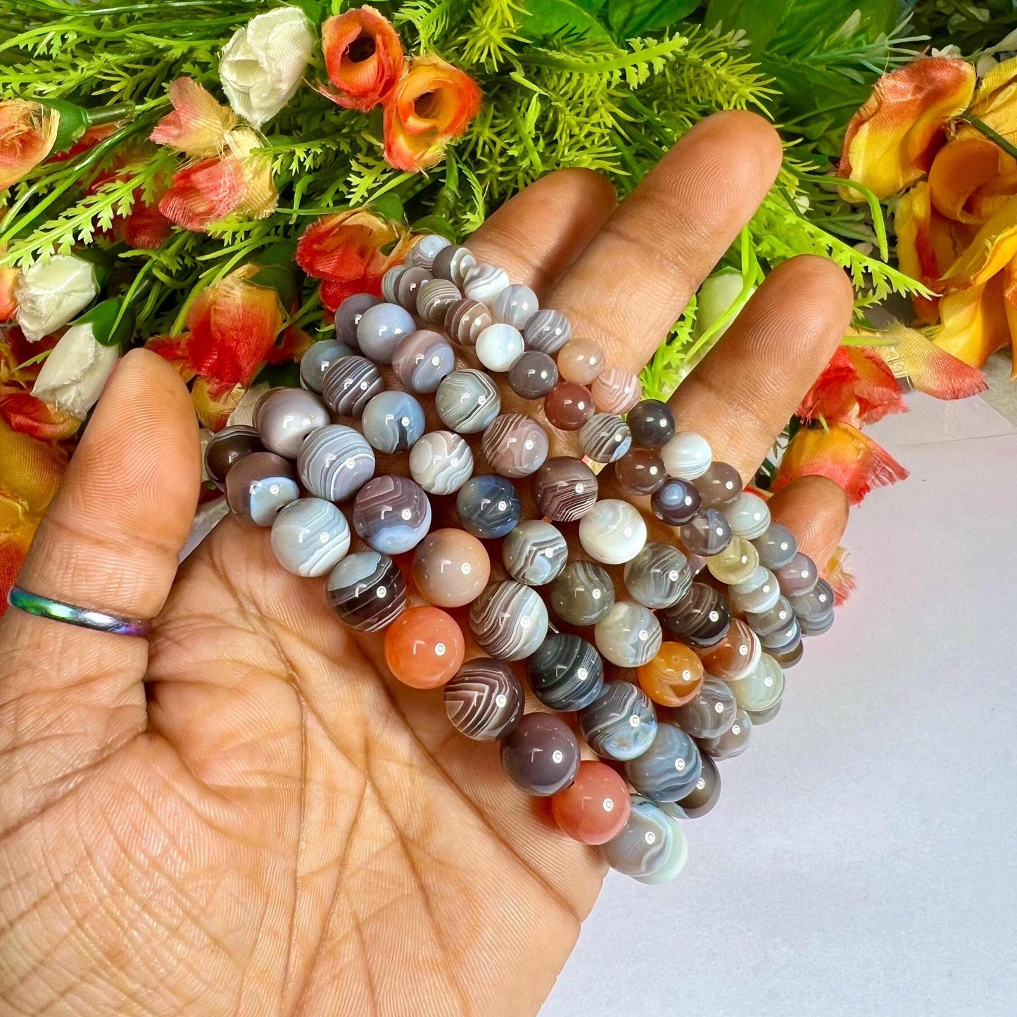 Botswana Agate Stone Round Beaded Bracelet 6 MM 8 MM 10 MM Stretch Bracelet