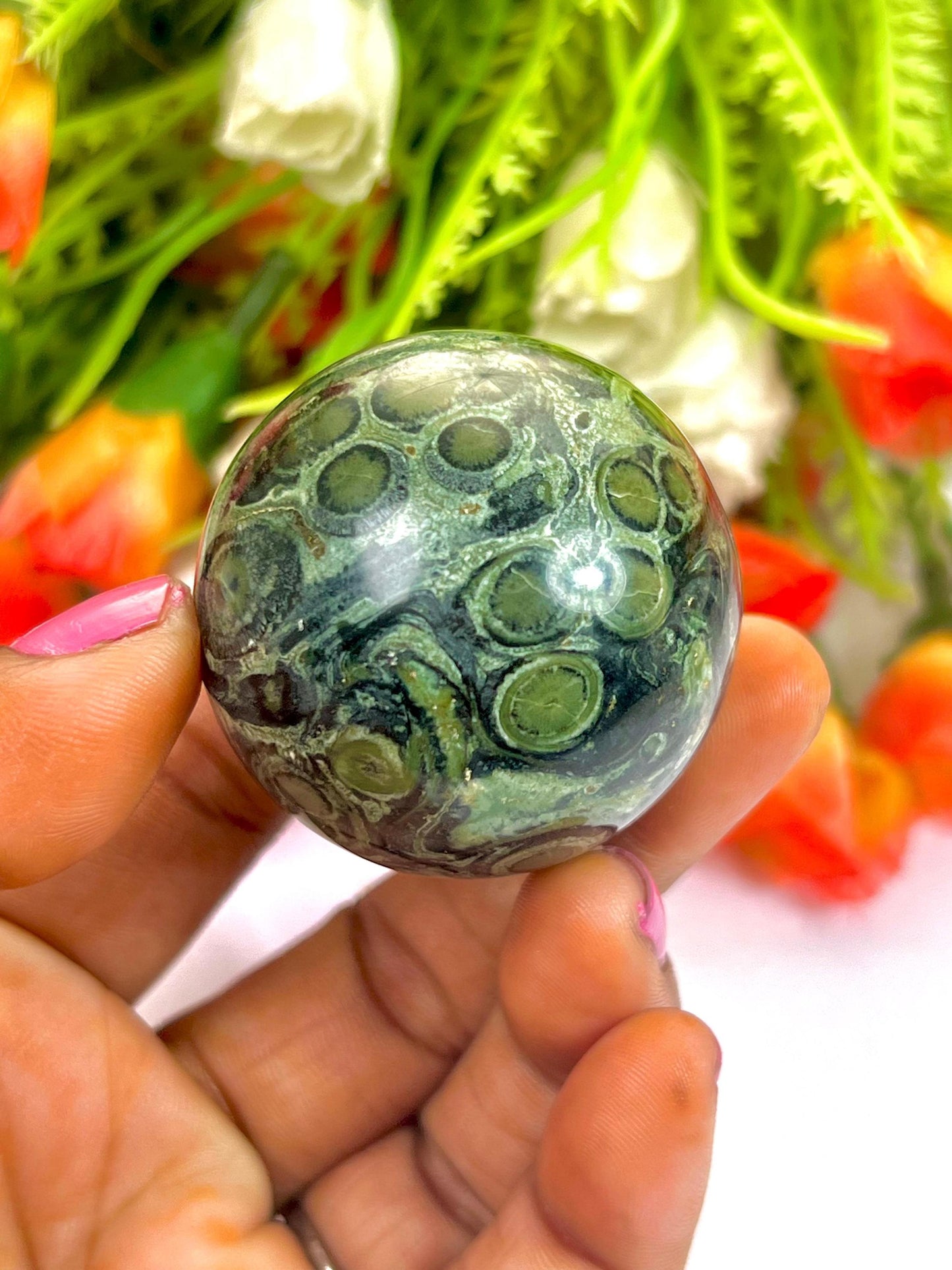 Kambaba Stone Sphere 40 MM Crystal Ball Orb Pocket Stone Meditation Space Crystal Grid With wooden Stand
