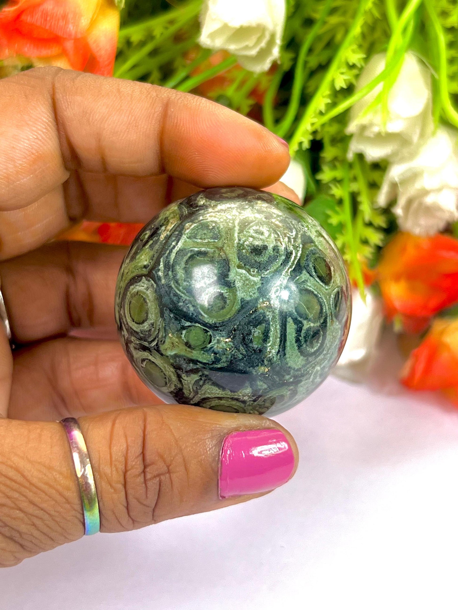 Kambaba Stone Sphere 40 MM Crystal Ball Orb Pocket Stone Meditation Space Crystal Grid With wooden Stand