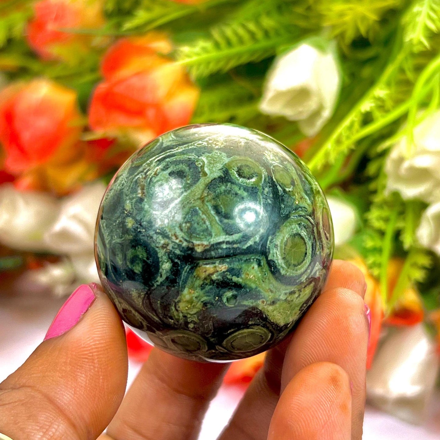 Kambaba Stone Sphere 40 MM Crystal Ball Orb Pocket Stone Meditation Space Crystal Grid With wooden Stand
