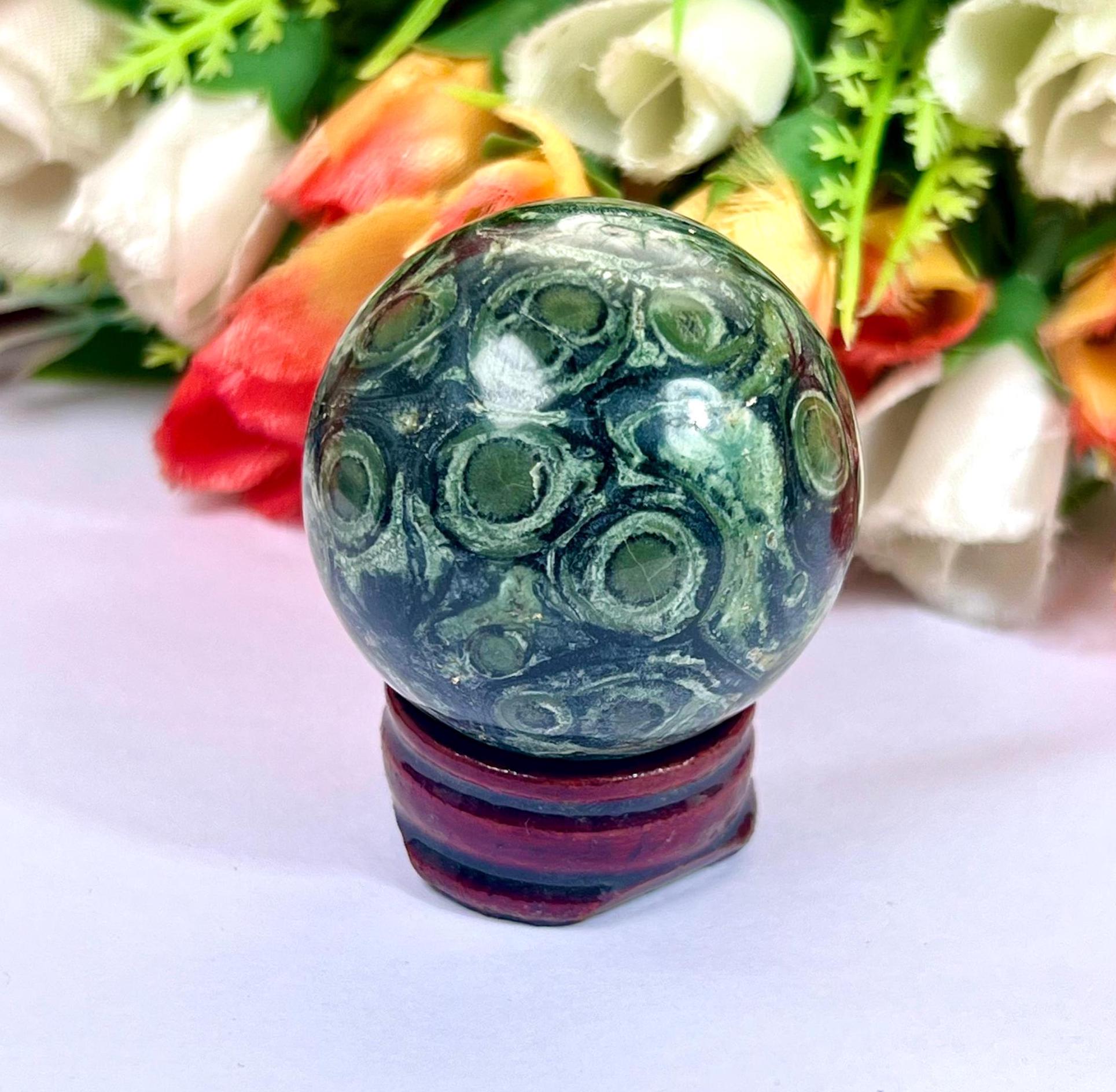 Kambaba Stone Sphere 40 MM Crystal Ball Orb Pocket Stone Meditation Space Crystal Grid With wooden Stand