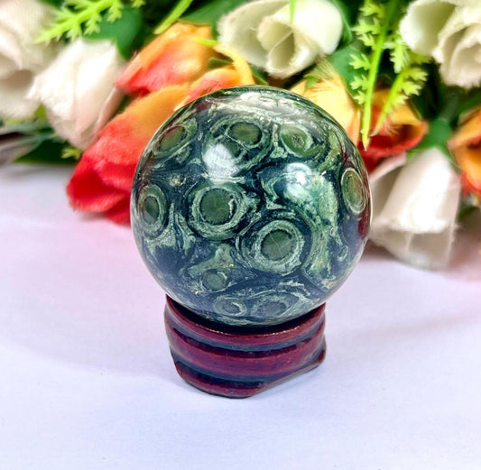 Kambaba Stone Sphere 40 MM Crystal Ball Orb Pocket Stone Meditation Space Crystal Grid With wooden Stand