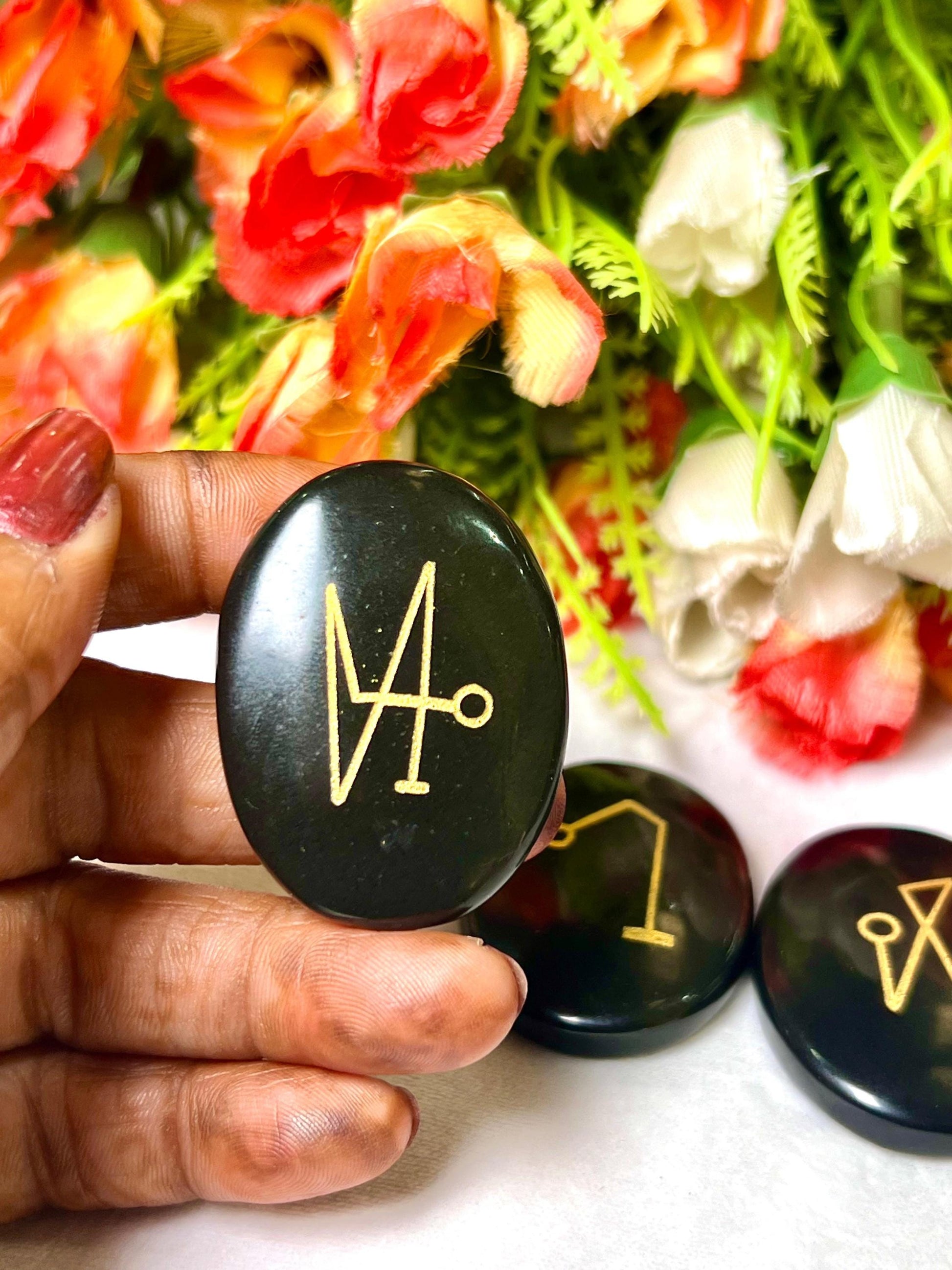 Black Obsidian Stone Archangel Stones Set Uriel, Michael, Raphael, Gabriel Orthodox Christian Church Four Archangels Symbol Set