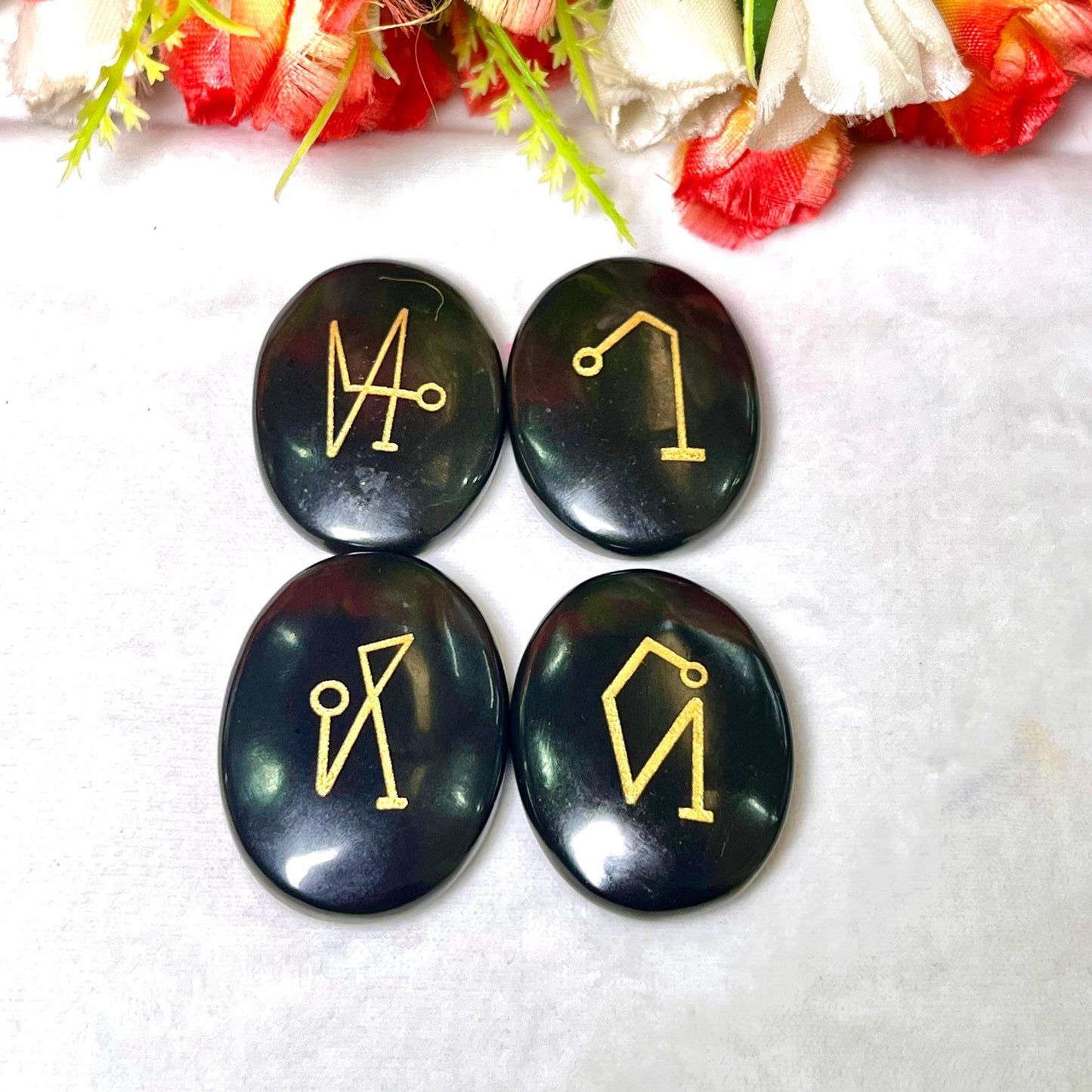 Black Obsidian Stone Archangel Stones Set Uriel, Michael, Raphael, Gabriel Orthodox Christian Church Four Archangels Symbol Set