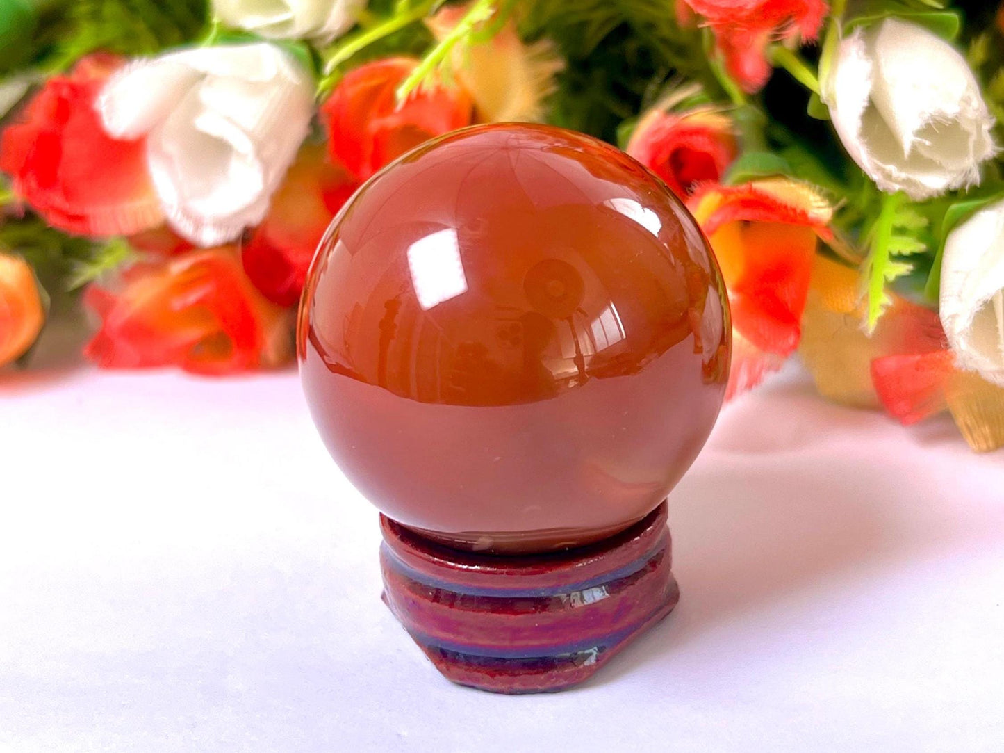 Carnelian Stone Sphere 40 MM Crystal Ball Orb Pocket Stone Meditation Space Crystal Grid With wooden Stand