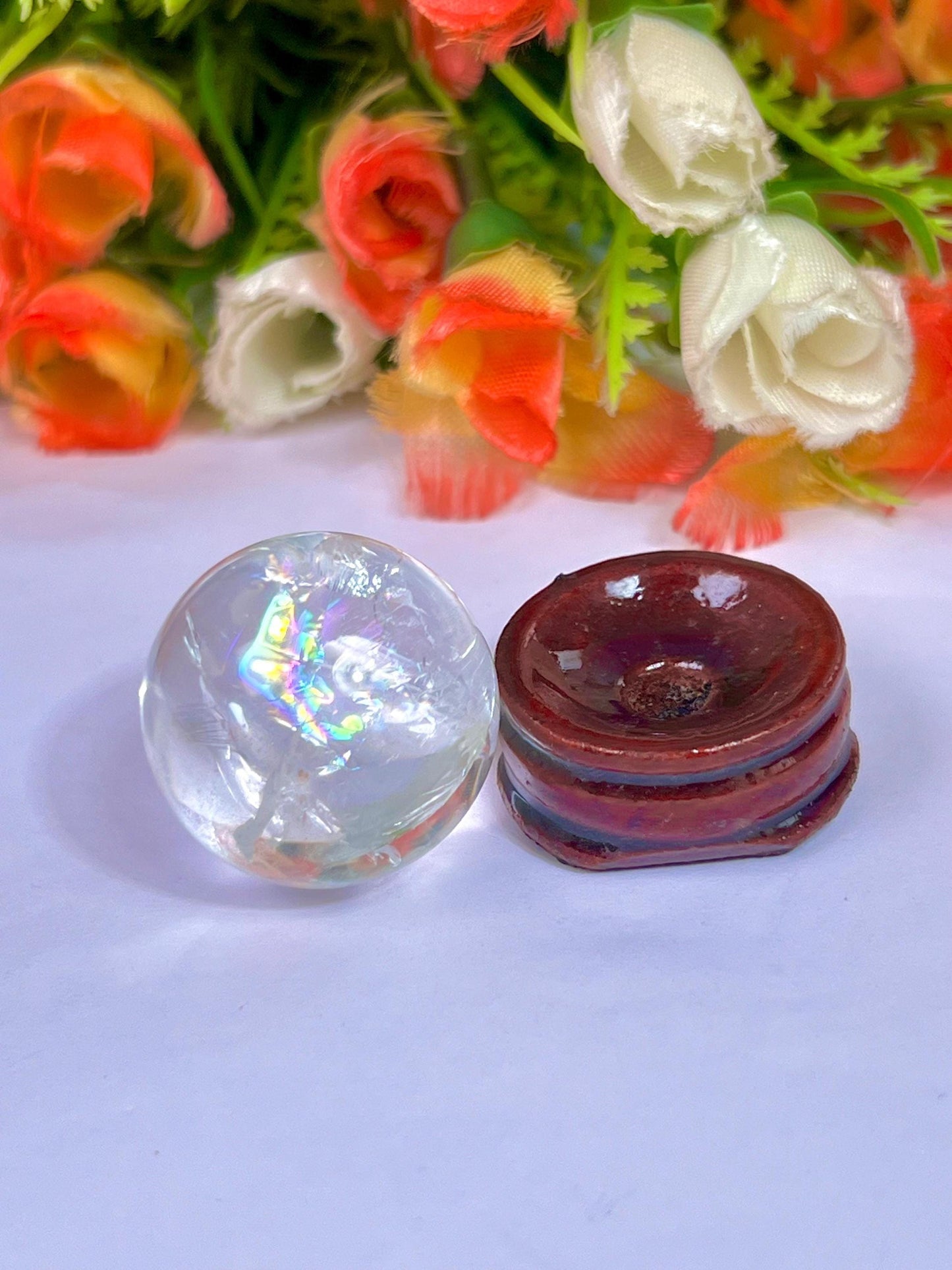 Rainbow Satyaloka Quartz Stone Sphere 25 MM to 30 MM Crystal Ball Orb Pocket Stone Meditation Space Crystal Grid With wooden Stand