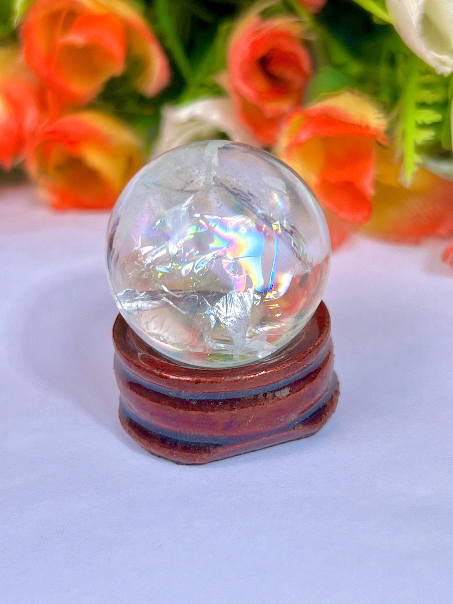 Rainbow Satyaloka Quartz Stone Sphere 25 MM to 30 MM Crystal Ball Orb Pocket Stone Meditation Space Crystal Grid With wooden Stand