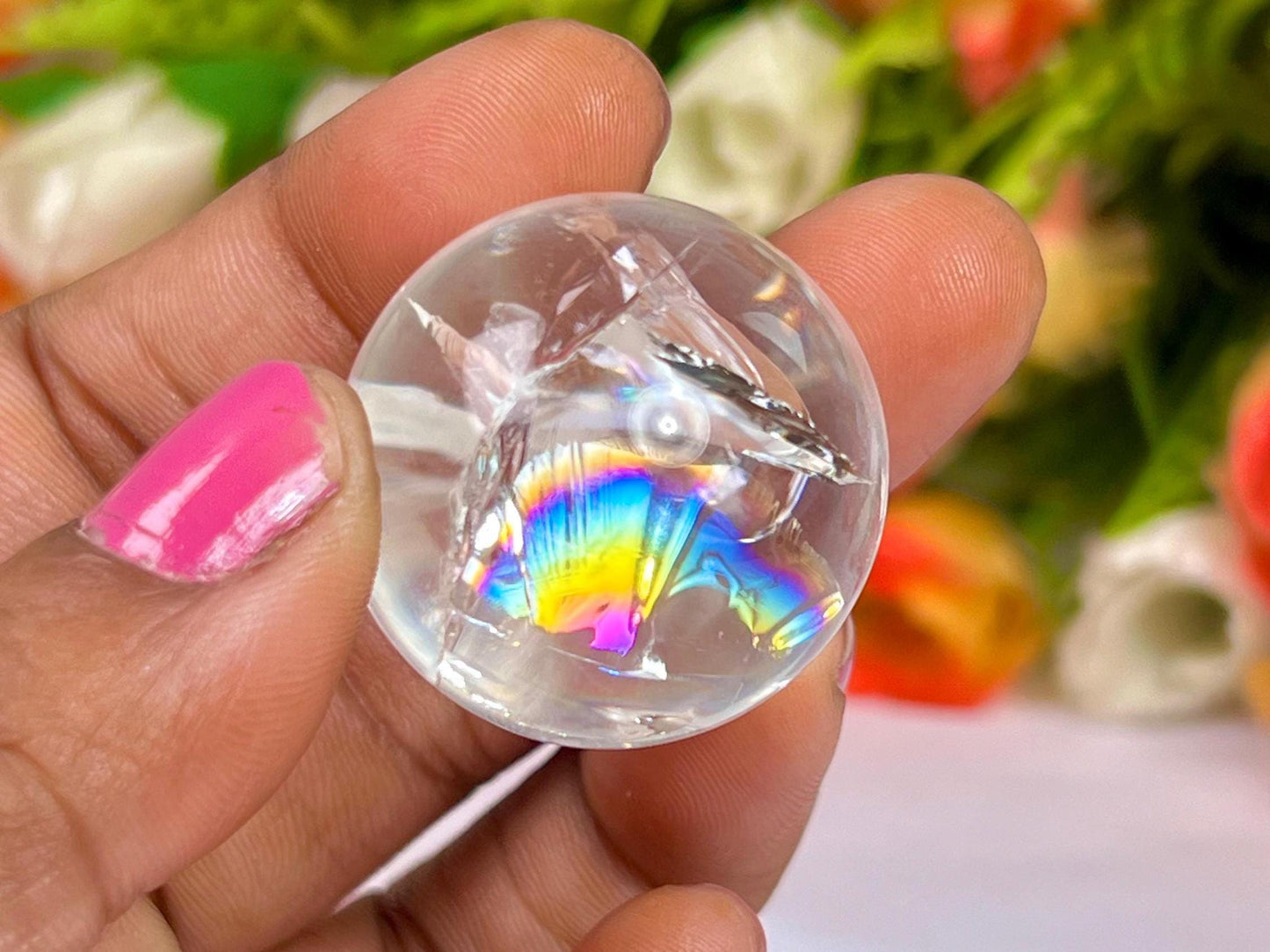 Rainbow Satyaloka Quartz Stone Sphere 25 MM to 30 MM Crystal Ball Orb Pocket Stone Meditation Space Crystal Grid With wooden Stand