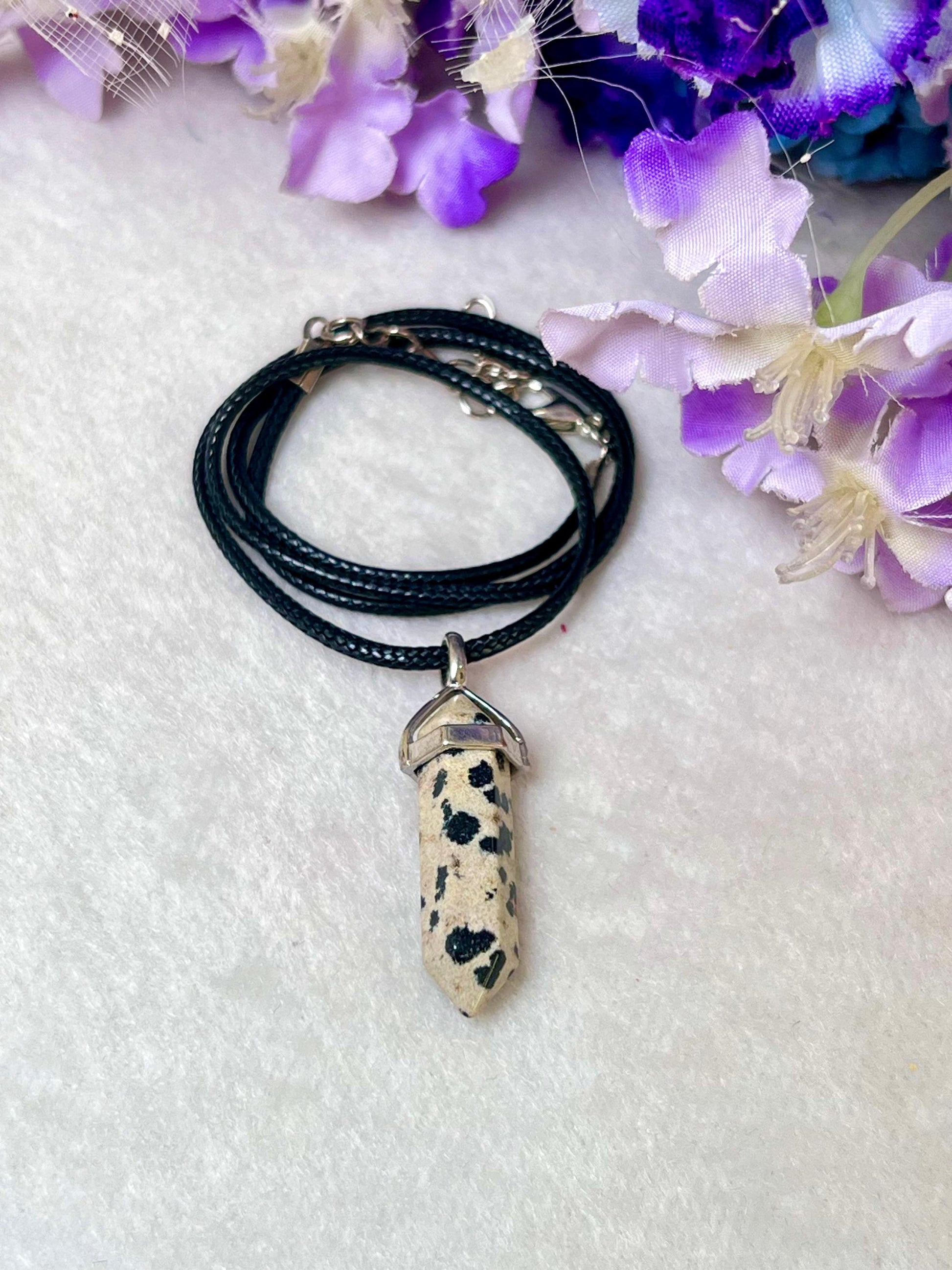 Dalmatian Jasper Stone Double Point Pencil Pendant with Black Cord