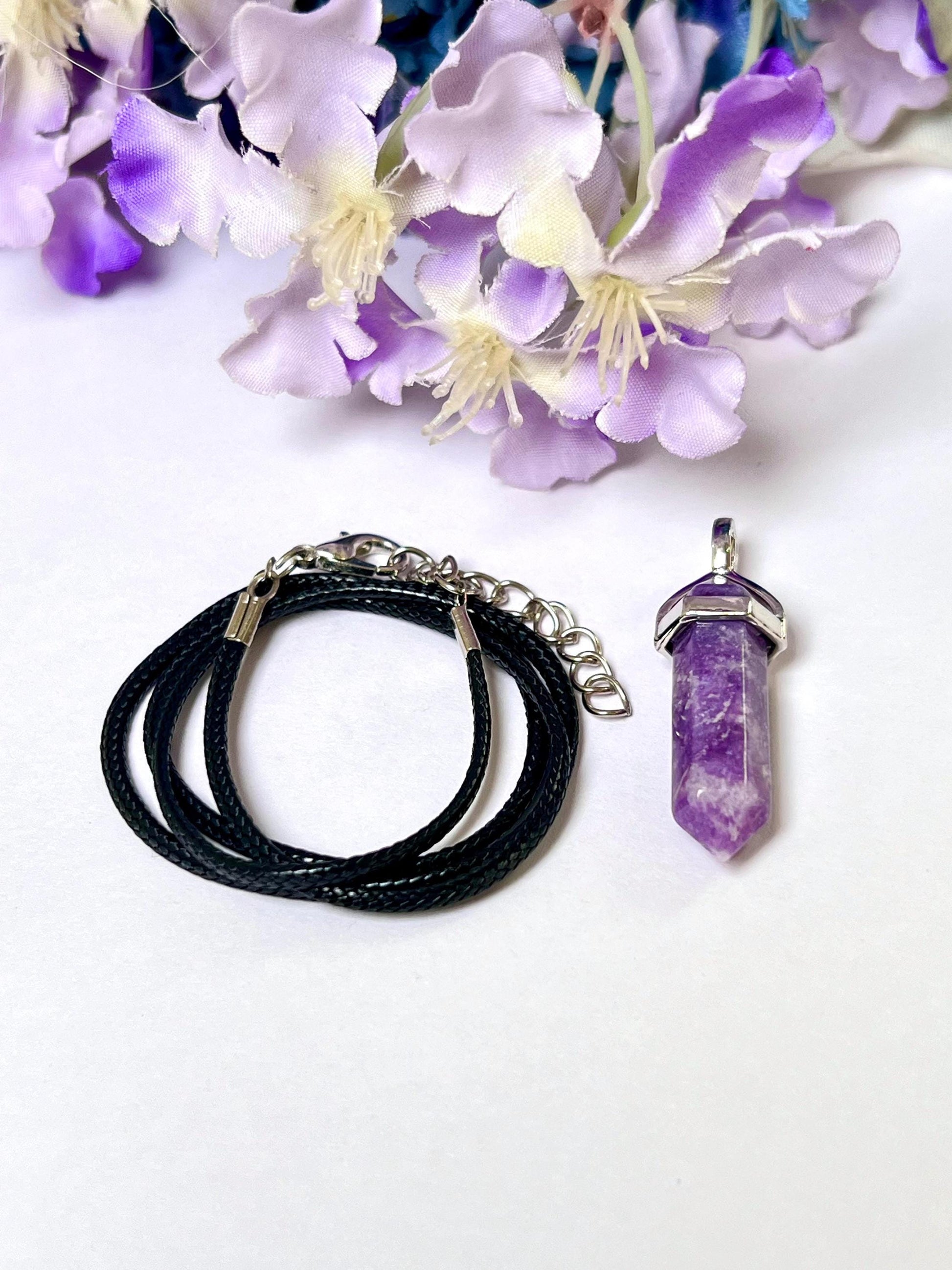 Lepidolite Stone Double Point Pencil Pendant with Black Cord