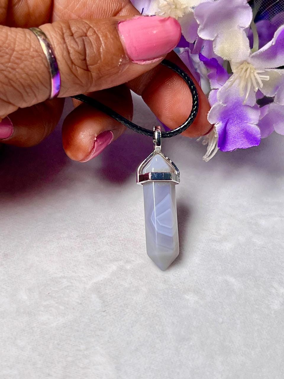 Blue Lace Agate Stone Double Point Pencil Pendant with Black Cord