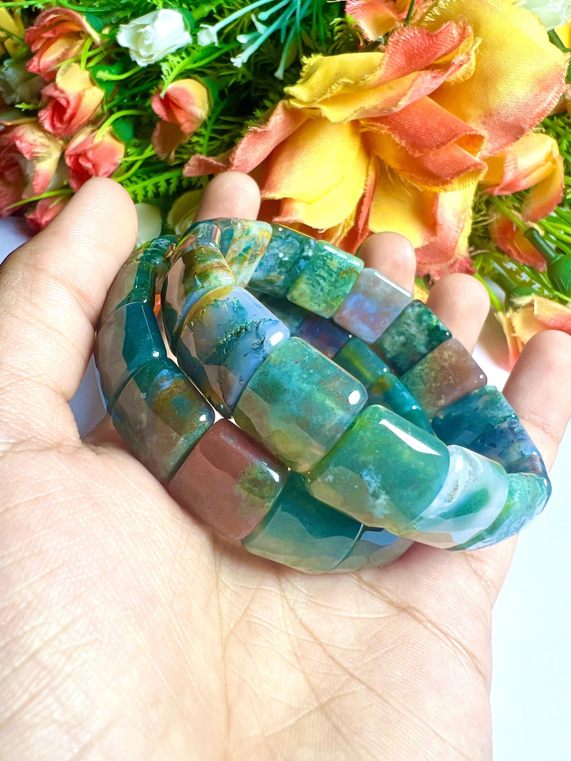 15 MM Blood Fancy Agate Stone Bracelet l Stretchable Bracelet