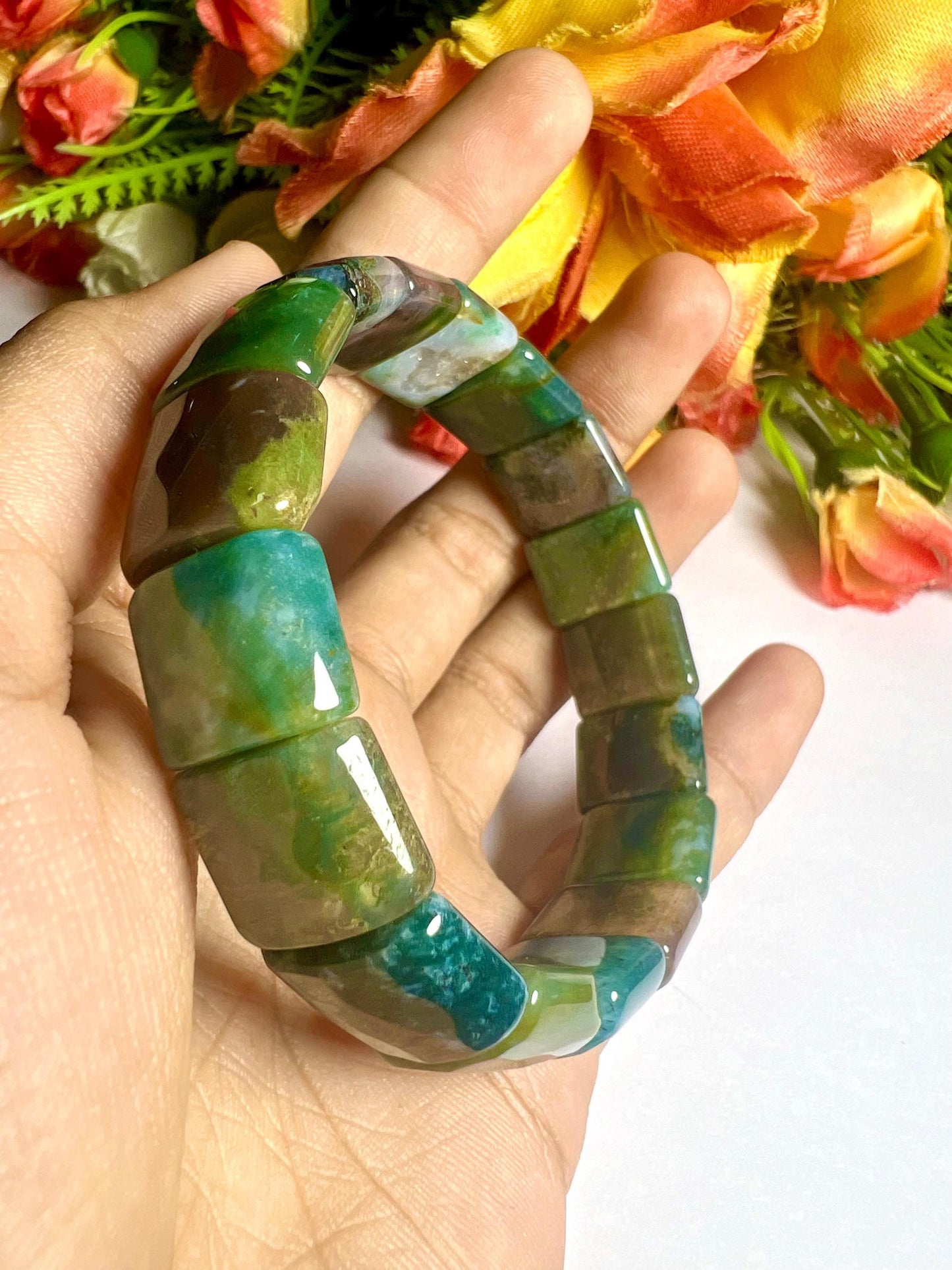 15 MM Blood Fancy Agate Stone Bracelet l Stretchable Bracelet