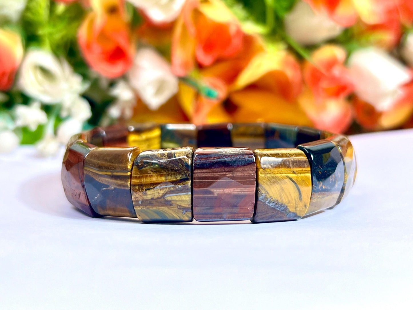 15 MM 3 Color Tiger Eye Stone Bracelet l Blue Tiger Eye ,Red Tiger Eye and Yellow Tiger Eye l Stretchable Bracelet High Grade