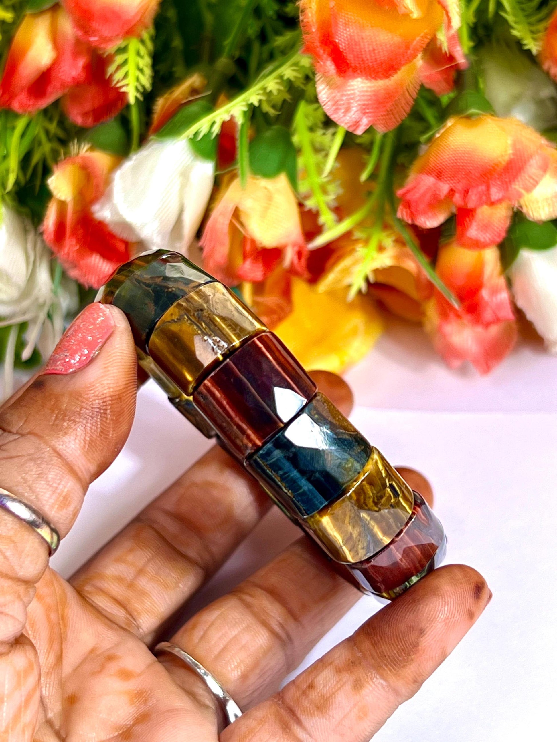15 MM 3 Color Tiger Eye Stone Bracelet l Blue Tiger Eye ,Red Tiger Eye and Yellow Tiger Eye l Stretchable Bracelet High Grade