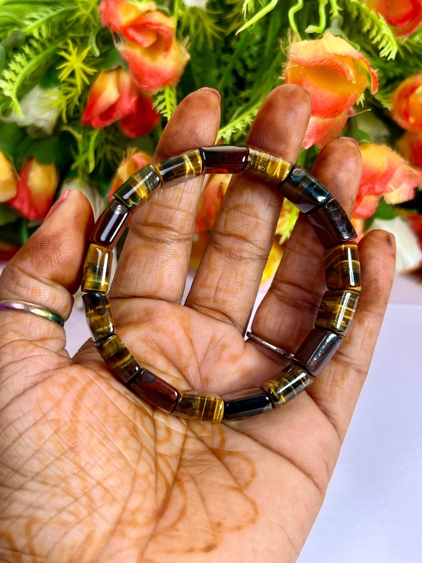 15 MM 3 Color Tiger Eye Stone Bracelet l Blue Tiger Eye ,Red Tiger Eye and Yellow Tiger Eye l Stretchable Bracelet High Grade