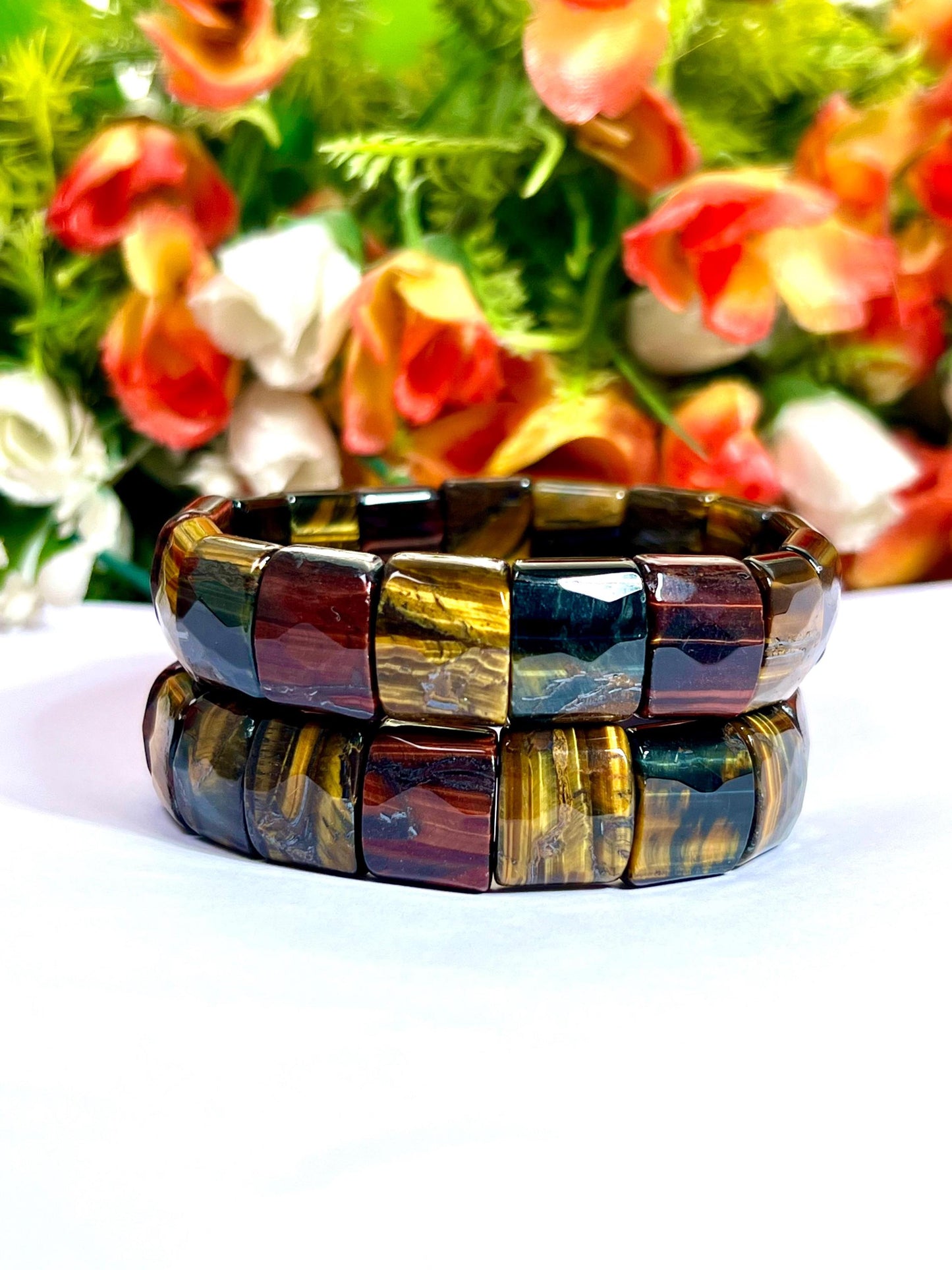 15 MM 3 Color Tiger Eye Stone Bracelet l Blue Tiger Eye ,Red Tiger Eye and Yellow Tiger Eye l Stretchable Bracelet High Grade