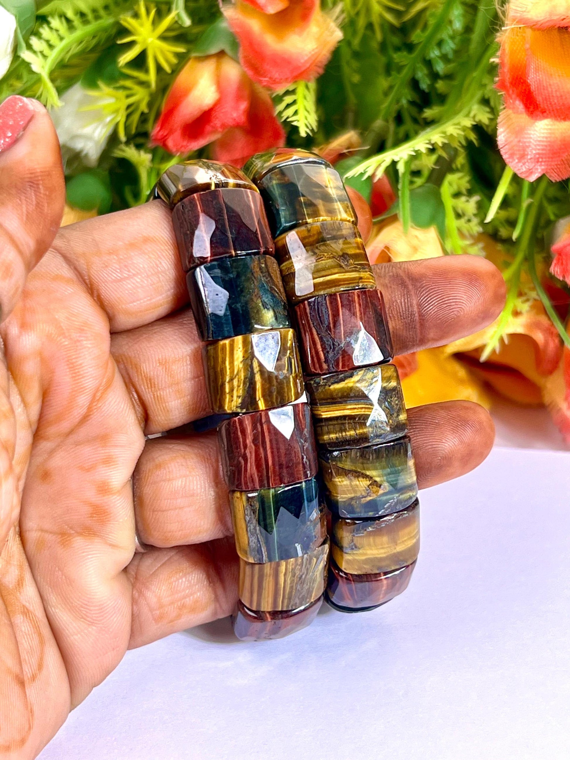 15 MM 3 Color Tiger Eye Stone Bracelet l Blue Tiger Eye ,Red Tiger Eye and Yellow Tiger Eye l Stretchable Bracelet High Grade