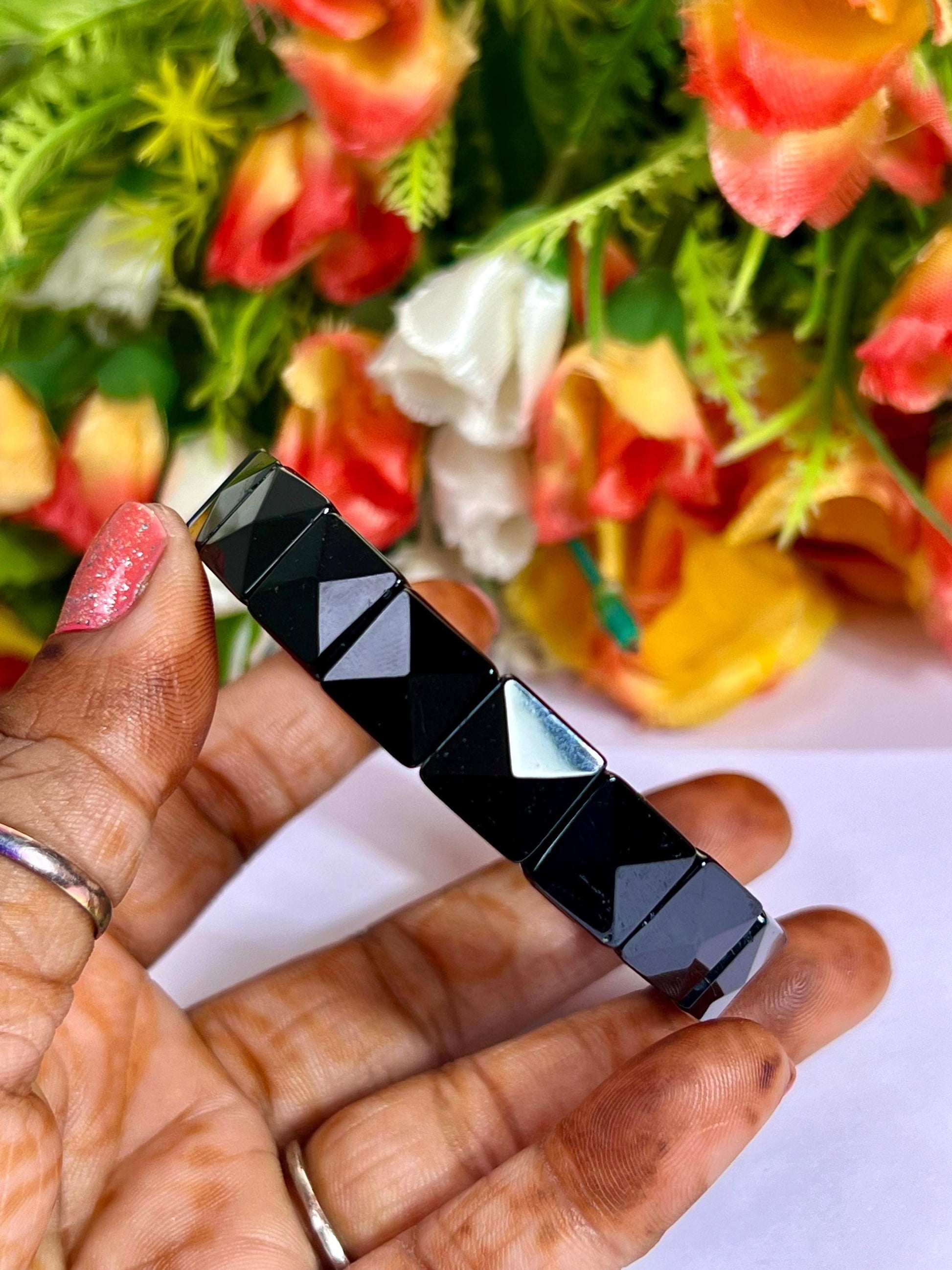 Black Tourmaline Stone Pyramid Shape 10 MM Bracelet