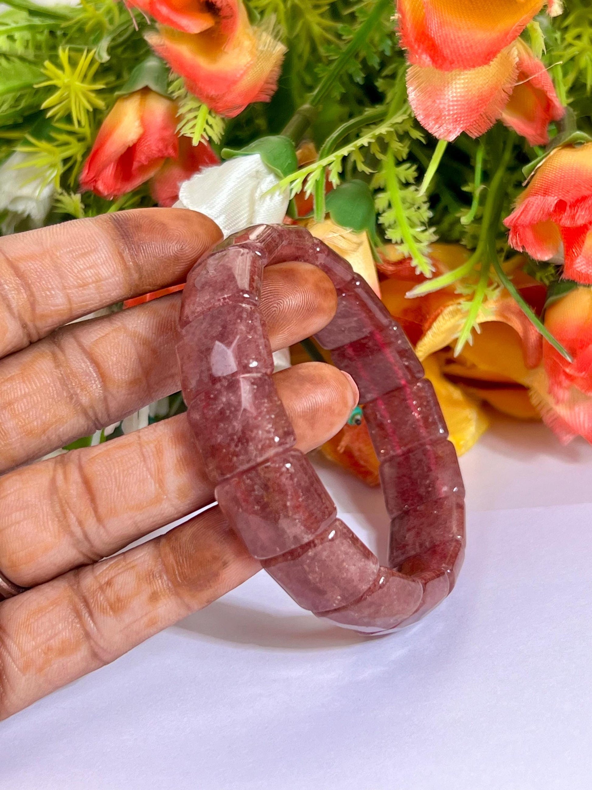 15 MM Pink Strawberry Quartz Stone Bracelet l Stretchable Bracelet