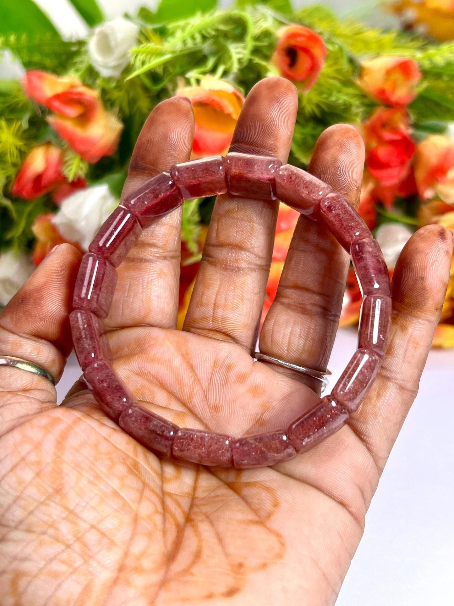 15 MM Pink Strawberry Quartz Stone Bracelet l Stretchable Bracelet