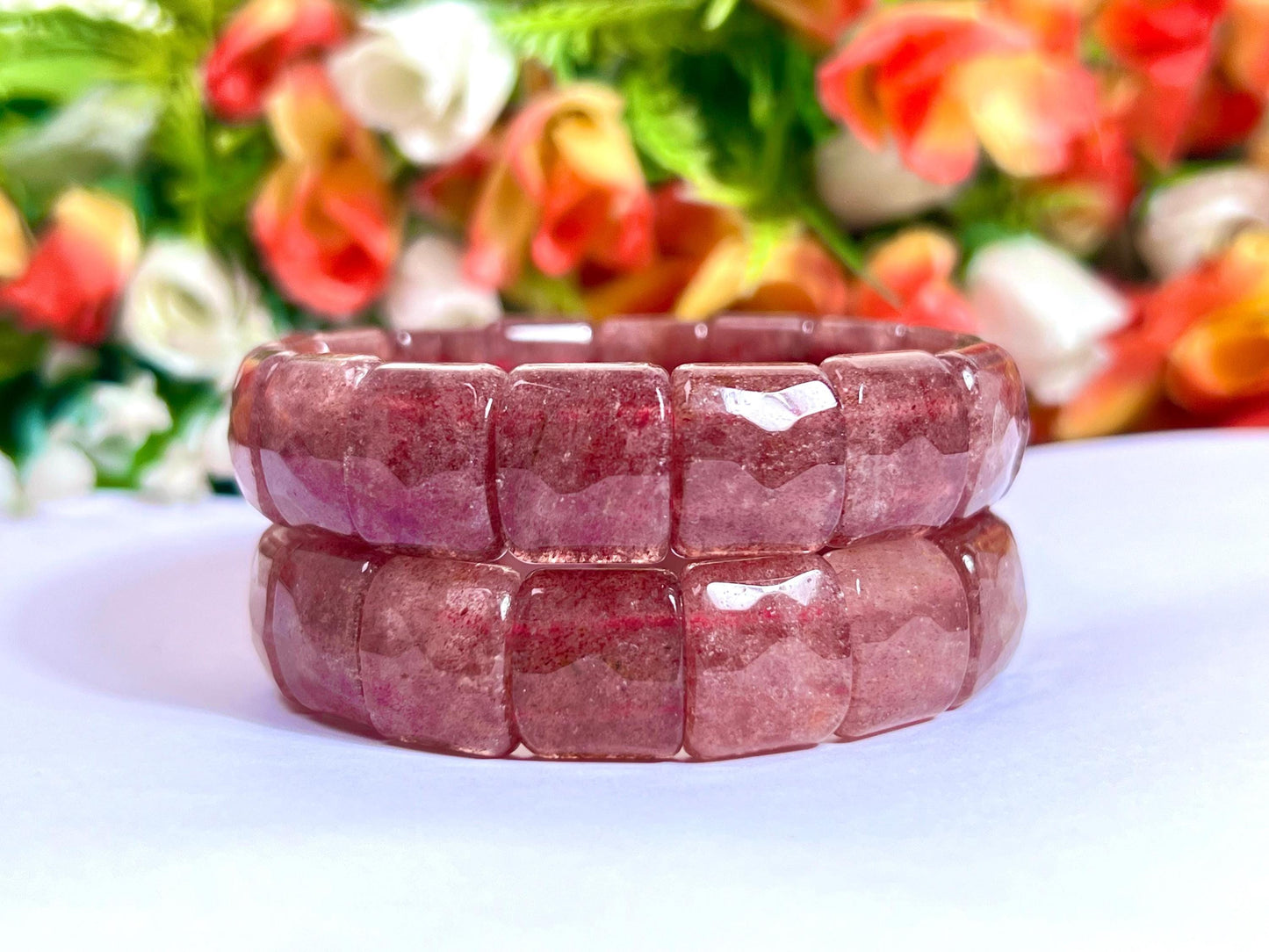 15 MM Pink Strawberry Quartz Stone Bracelet l Stretchable Bracelet