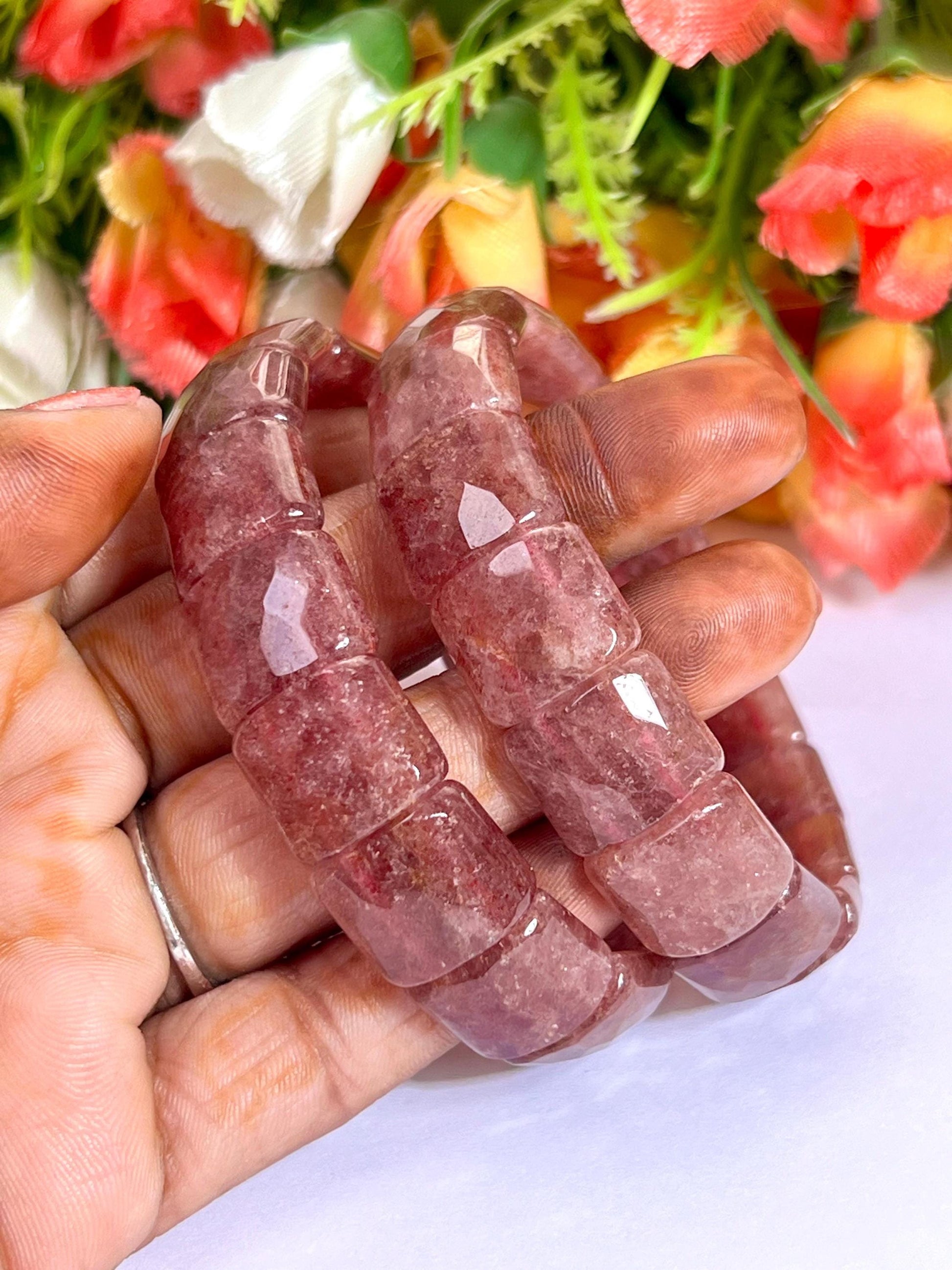 15 MM Pink Strawberry Quartz Stone Bracelet l Stretchable Bracelet