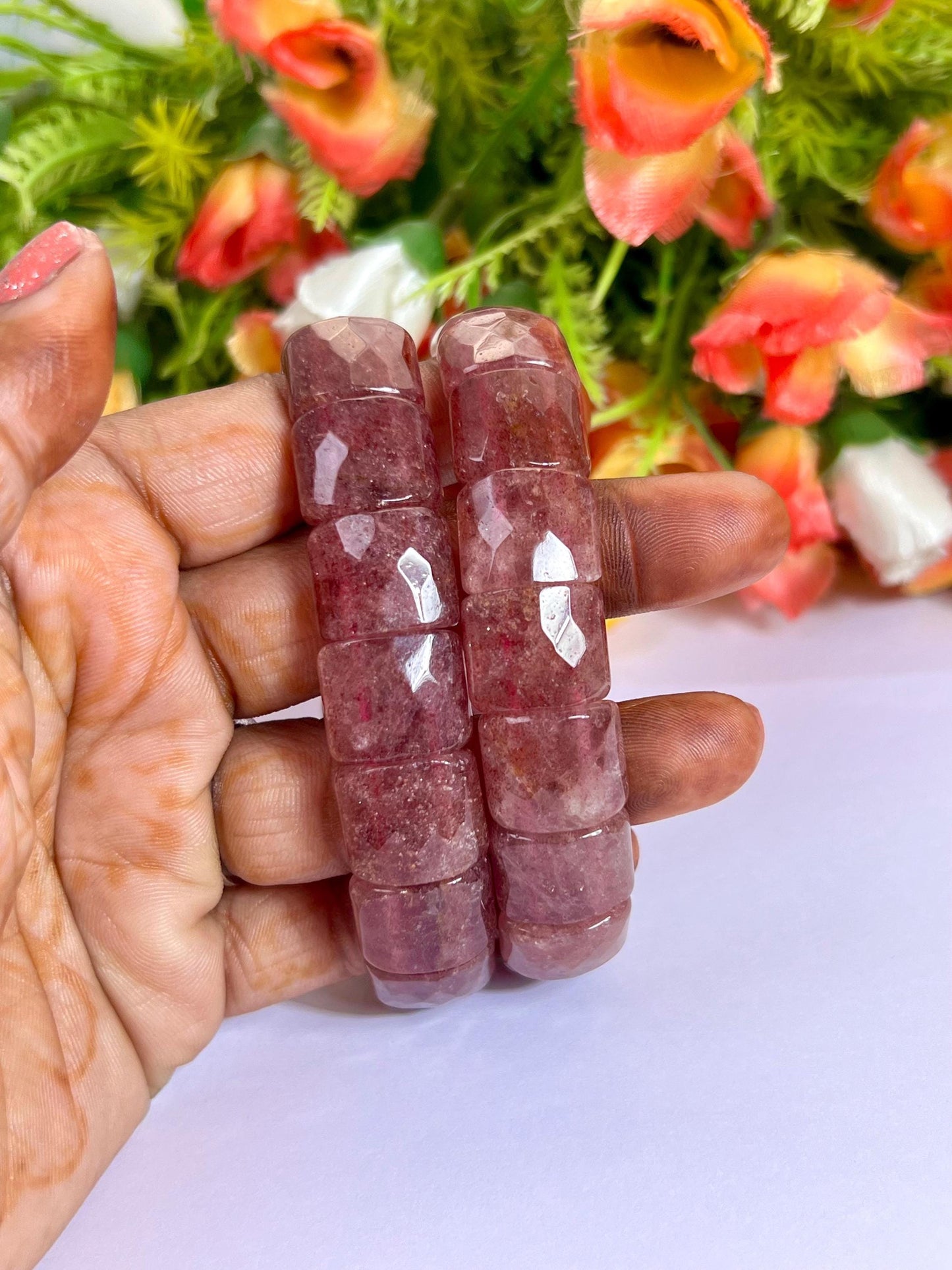 15 MM Pink Strawberry Quartz Stone Bracelet l Stretchable Bracelet
