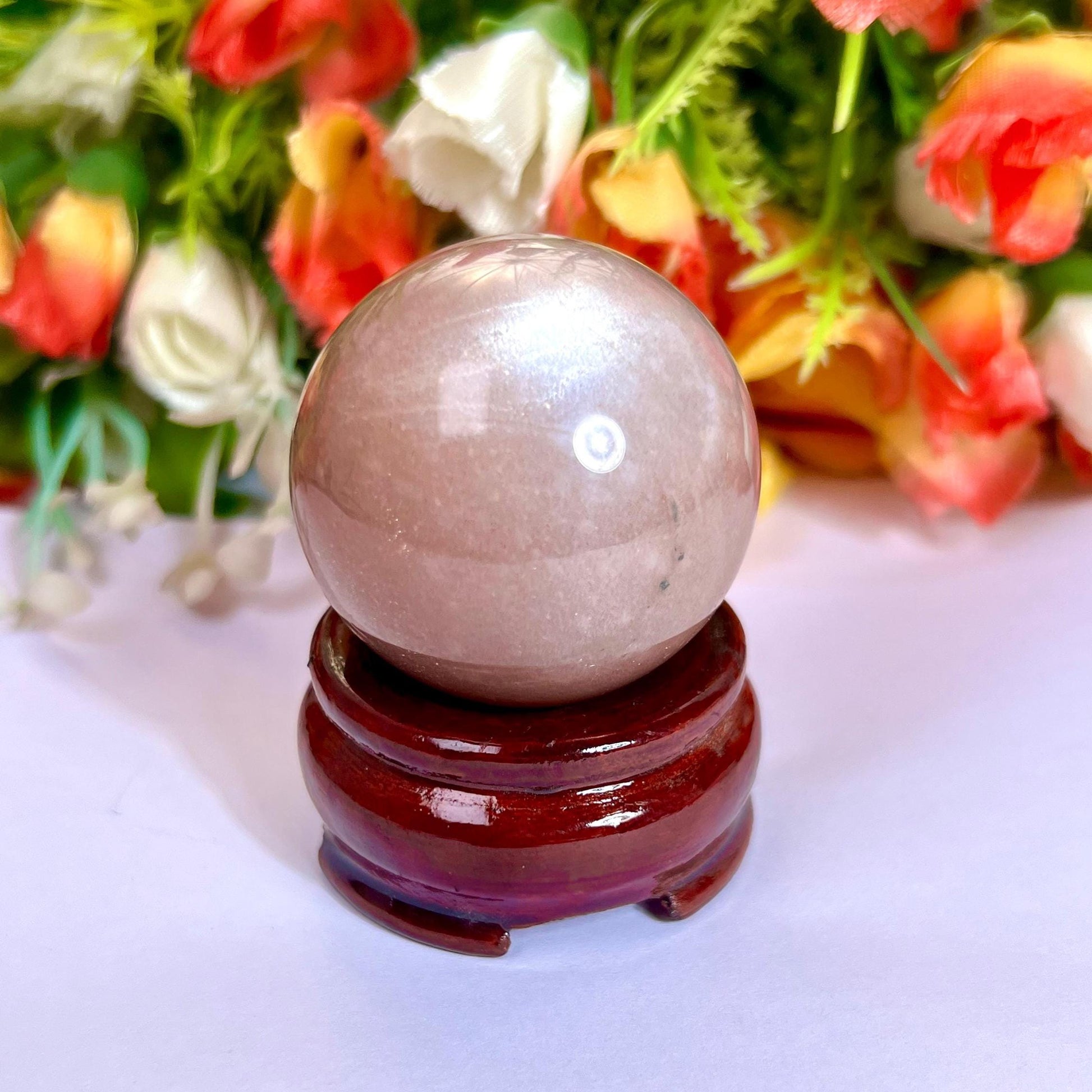 Silver Flash Peach Moonstone Sphere 40 MM Crystal Ball Orb Pocket Stone Meditation Space Crystal Grid With wooden Stand