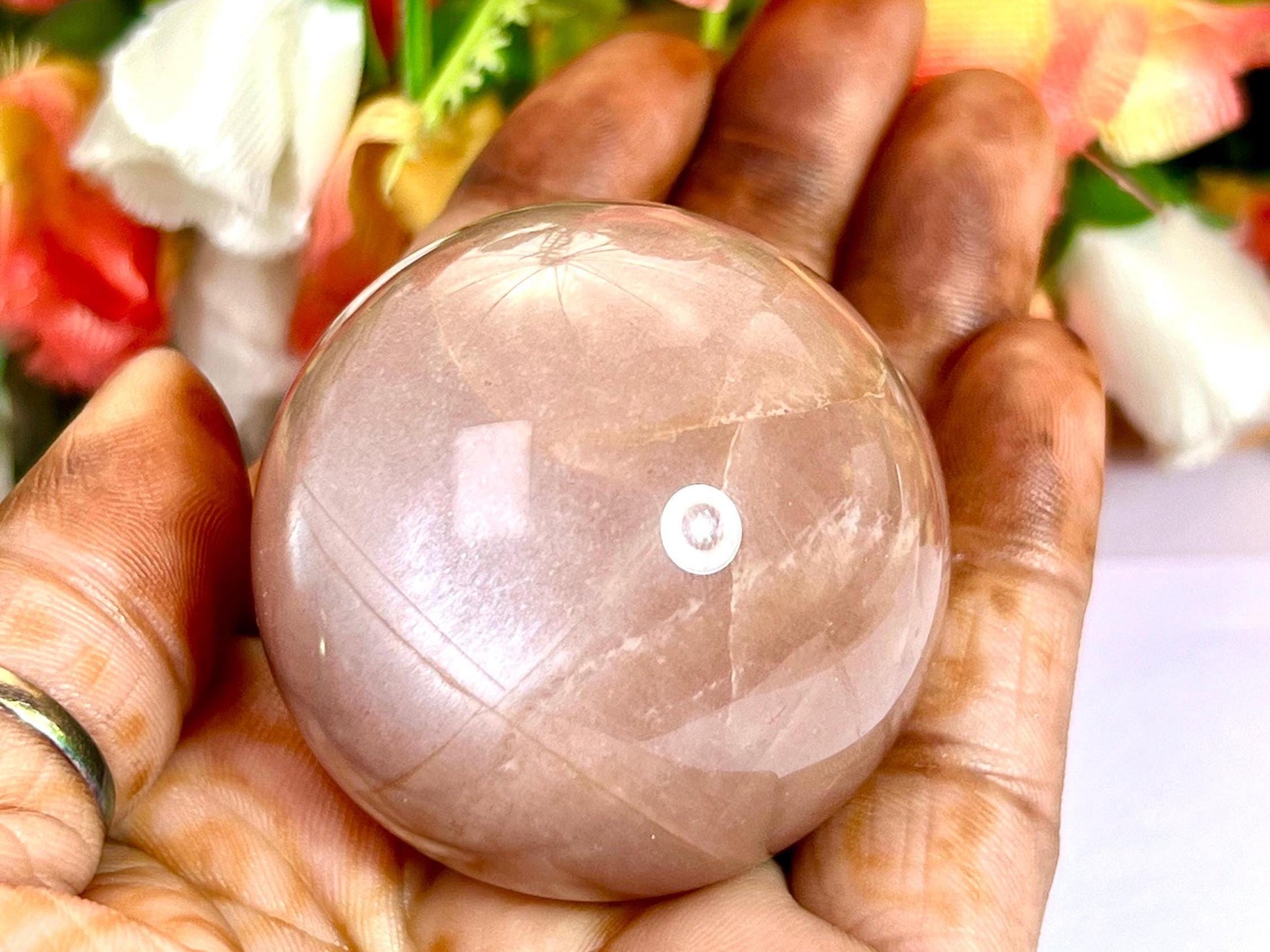 Silver Flash Peach Moonstone Sphere 40 MM Crystal Ball Orb Pocket Stone Meditation Space Crystal Grid With wooden Stand
