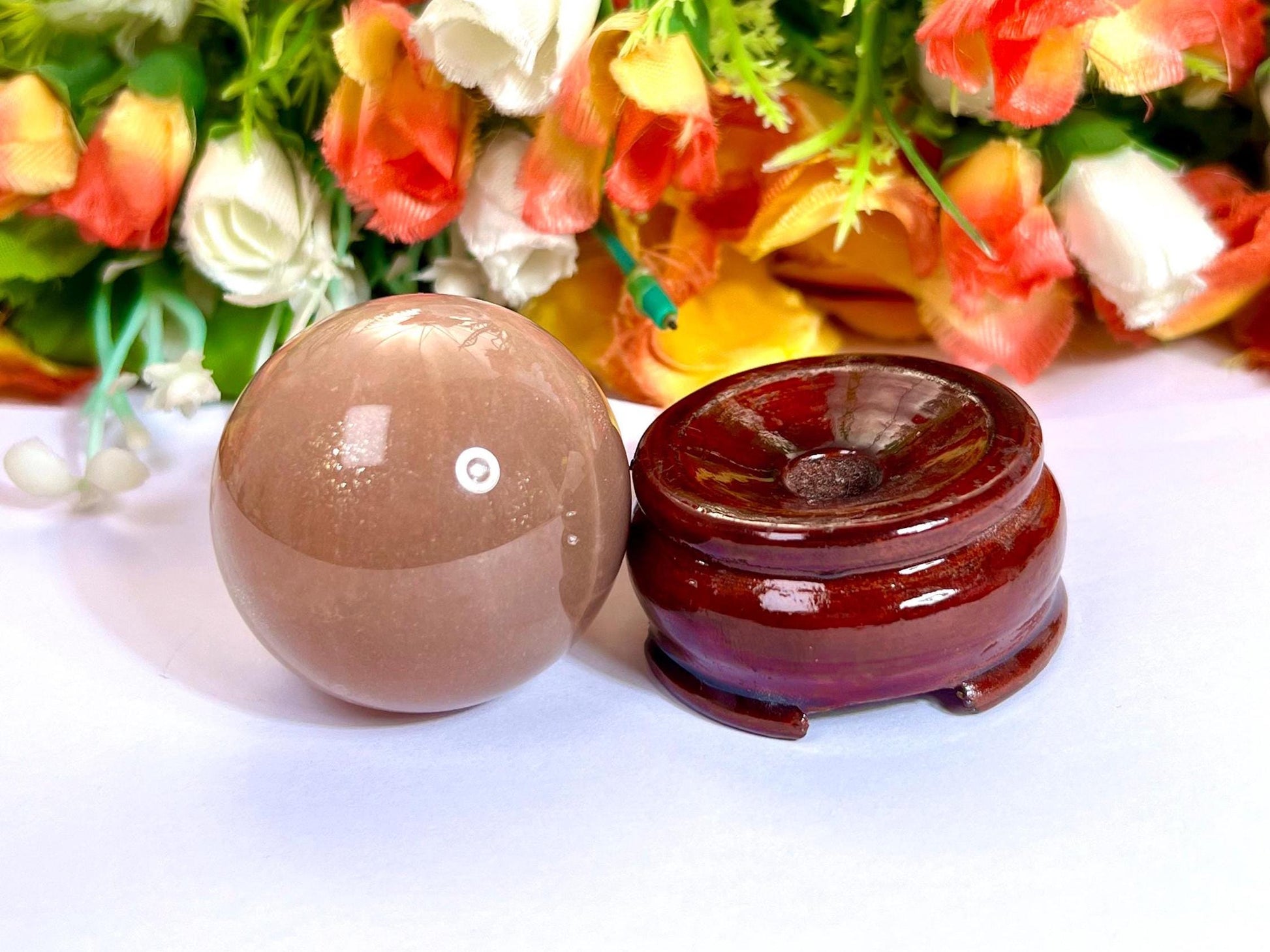 Silver Flash Peach Moonstone Sphere 40 MM Crystal Ball Orb Pocket Stone Meditation Space Crystal Grid With wooden Stand