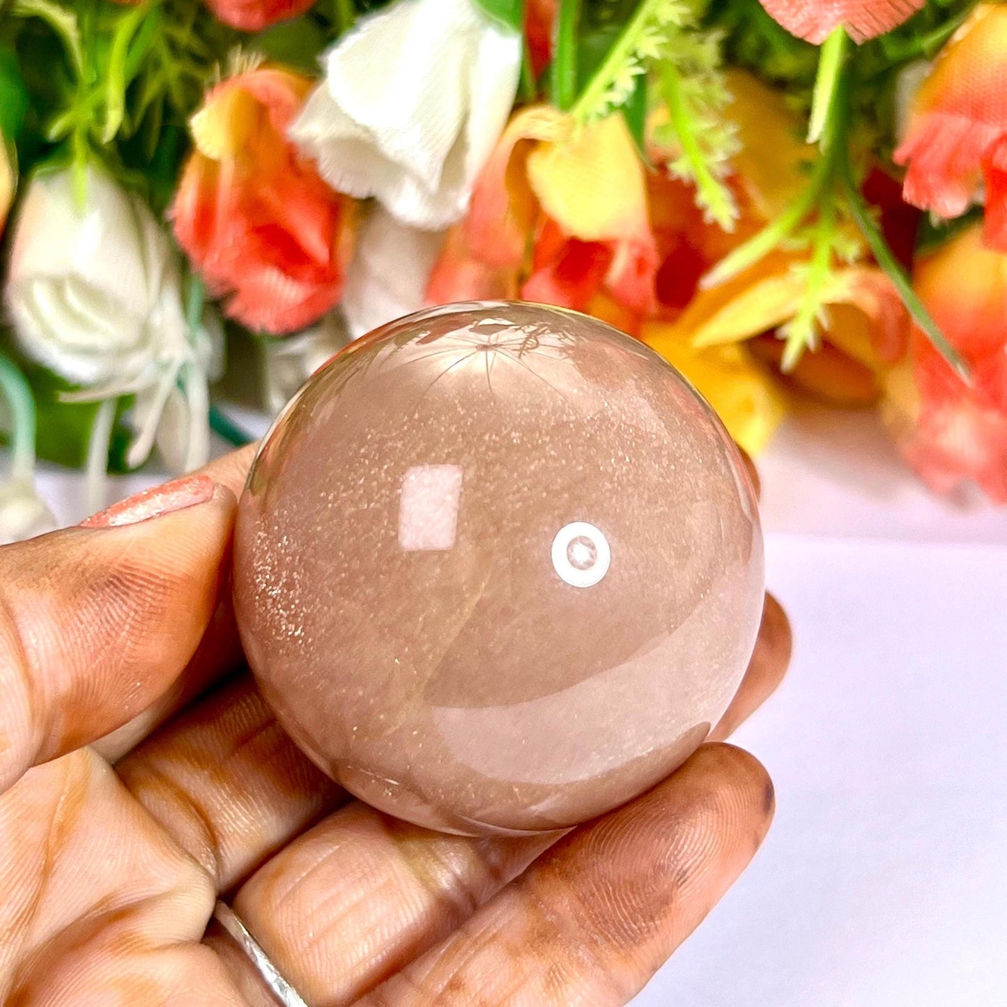 Silver Flash Peach Moonstone Sphere 40 MM Crystal Ball Orb Pocket Stone Meditation Space Crystal Grid With wooden Stand