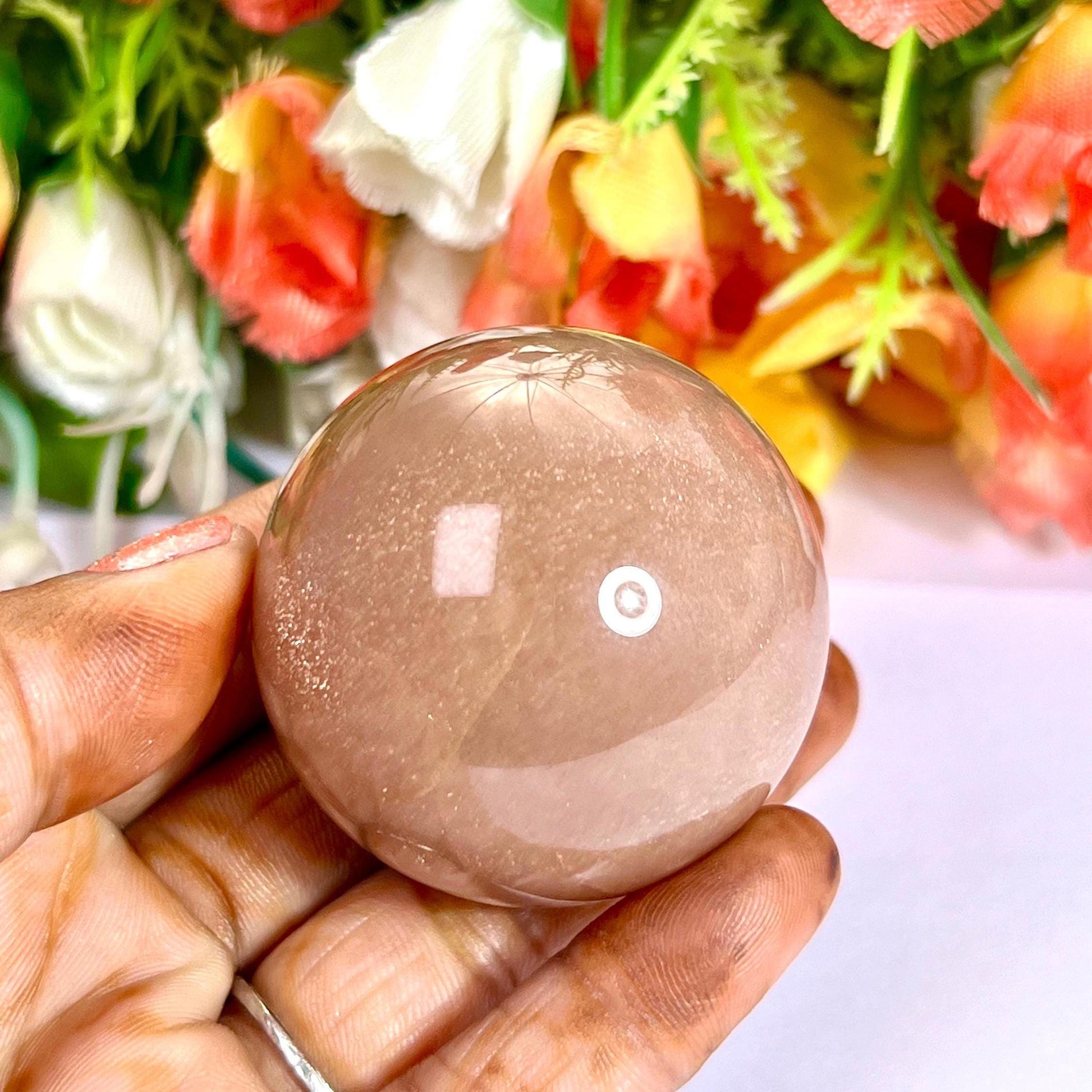 Silver Flash Peach Moonstone Sphere 40 MM Crystal Ball Orb Pocket Stone Meditation Space Crystal Grid With wooden Stand