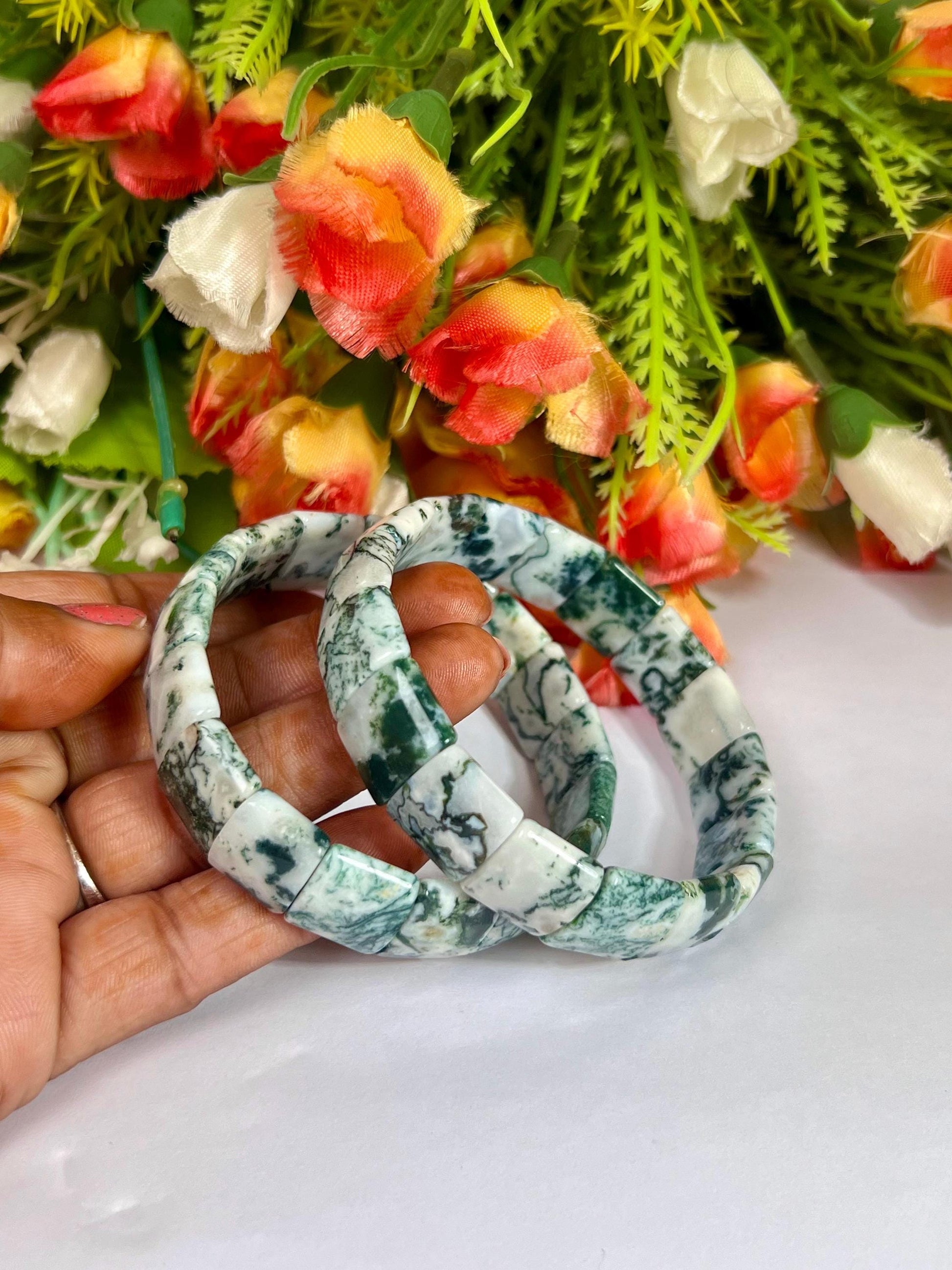 15 MM Tree Agate Stone Bracelet l Stretchable Bracelet