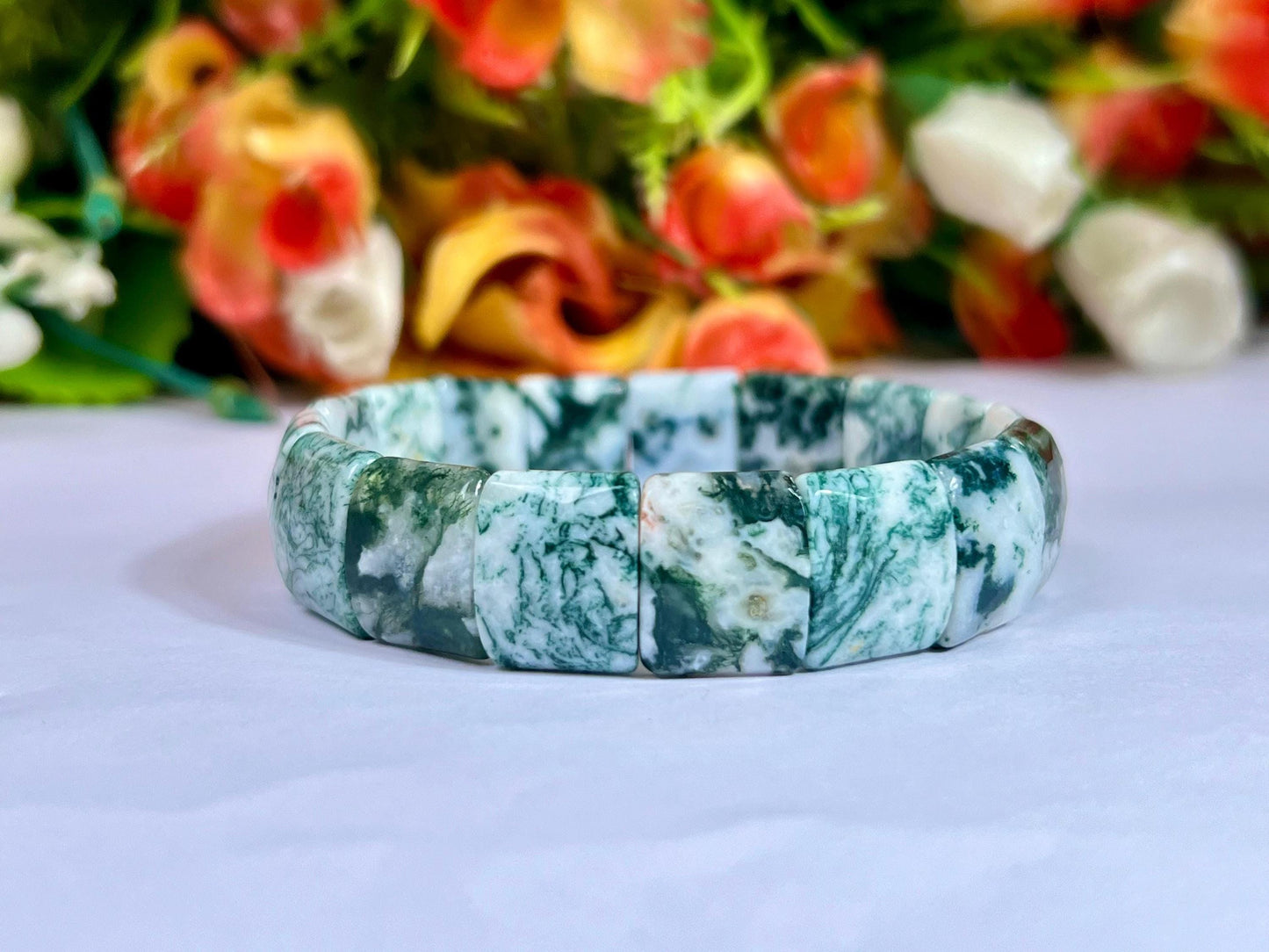 15 MM Tree Agate Stone Bracelet l Stretchable Bracelet