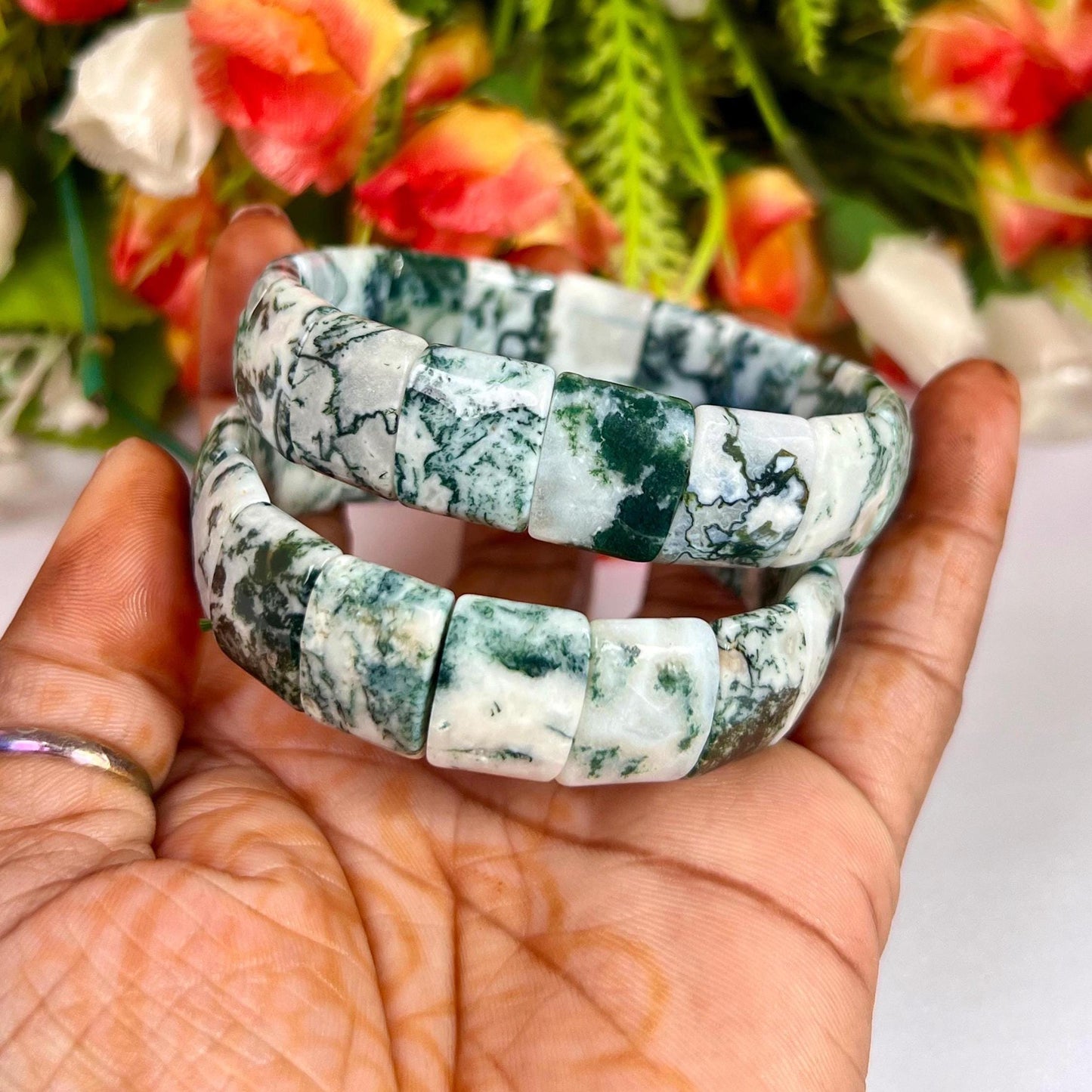 15 MM Tree Agate Stone Bracelet l Stretchable Bracelet