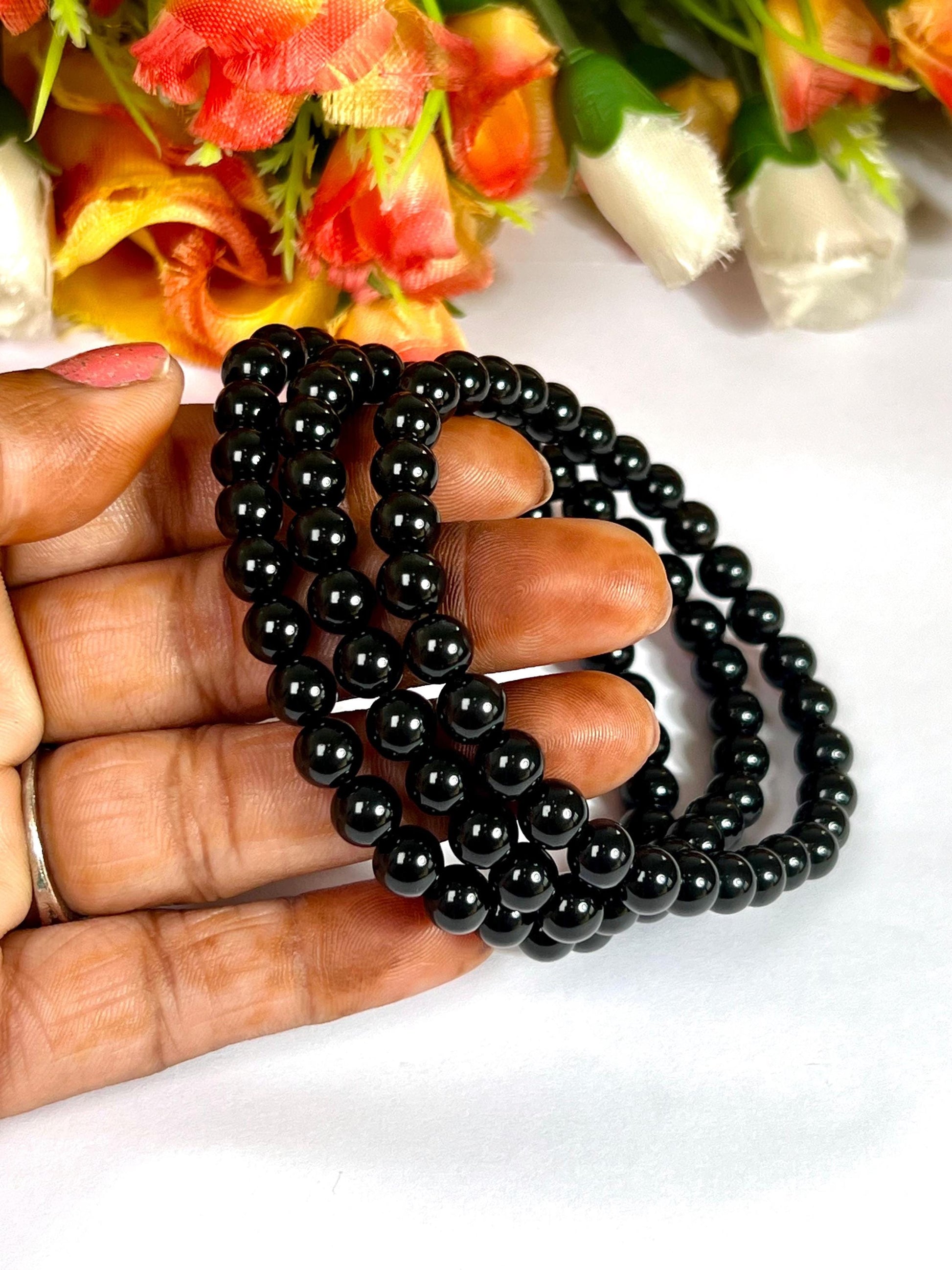 6.8 MM TIBETAN Black Tektite Glass Stone Bracelet l Stretchable Bracelet l Unisex Bracelet